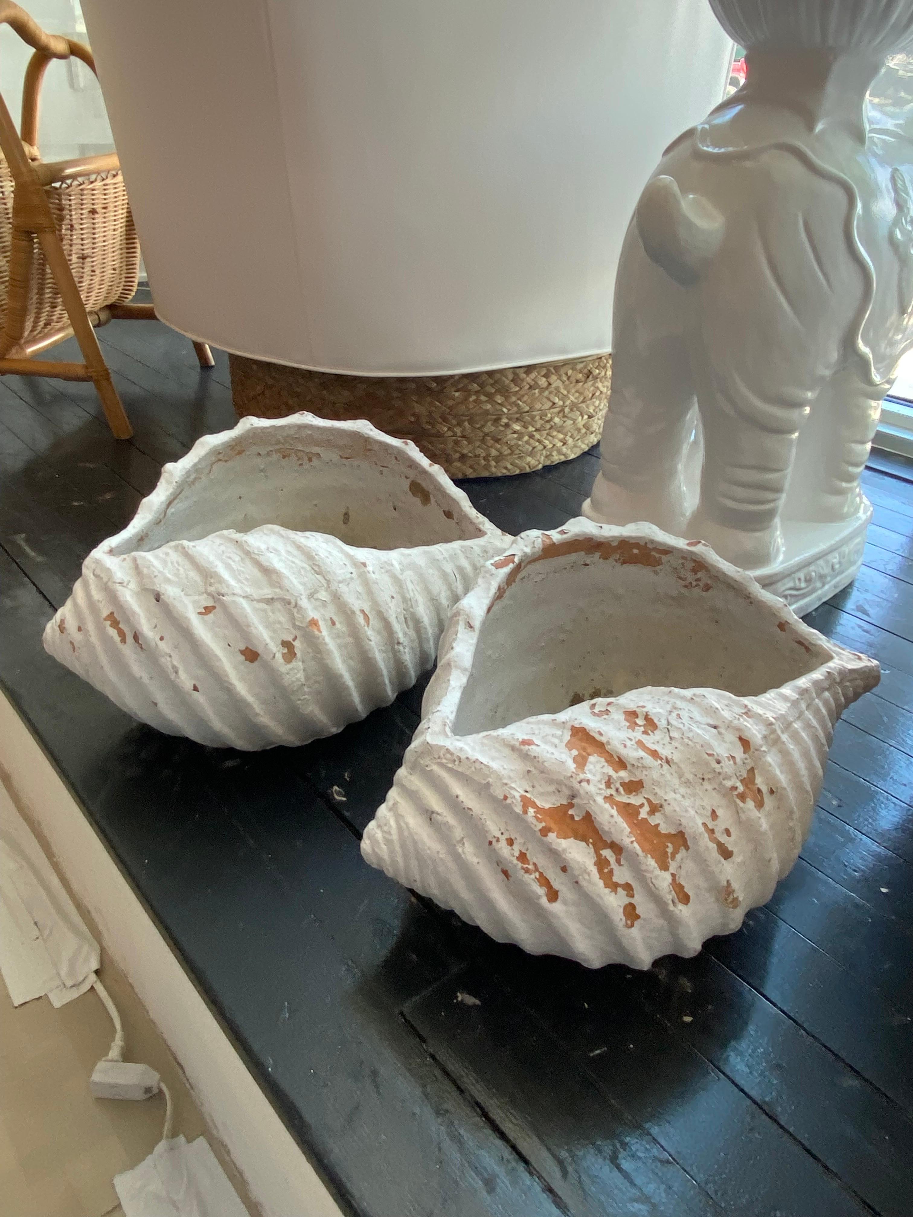 Vintage Pair Chippy Patina French Terracotta Seashell Shell Garden Planters Pots For Sale 1