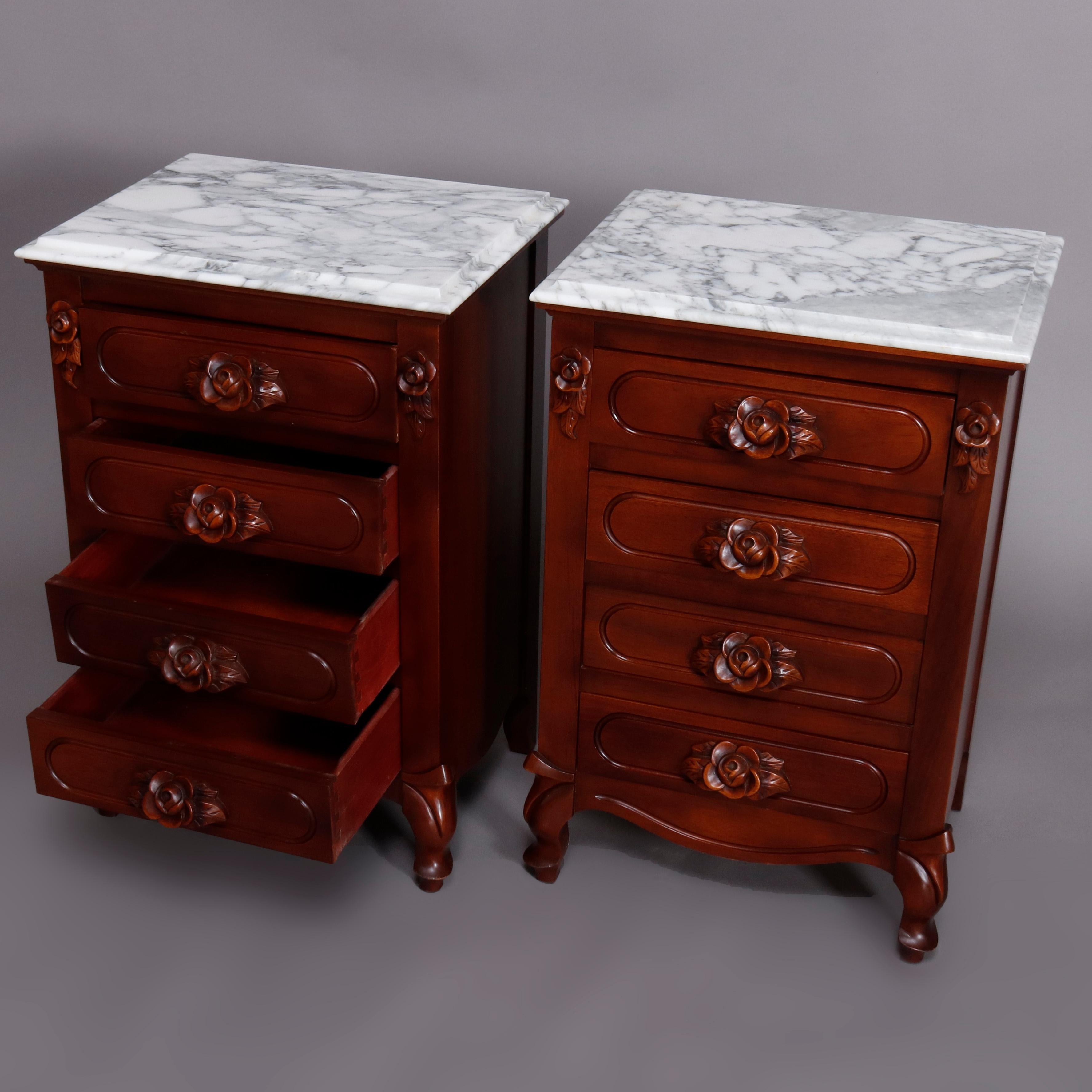 20th Century Vintage Pair French Victorian Carved Walnut and Marble 4-Drawer End Stands