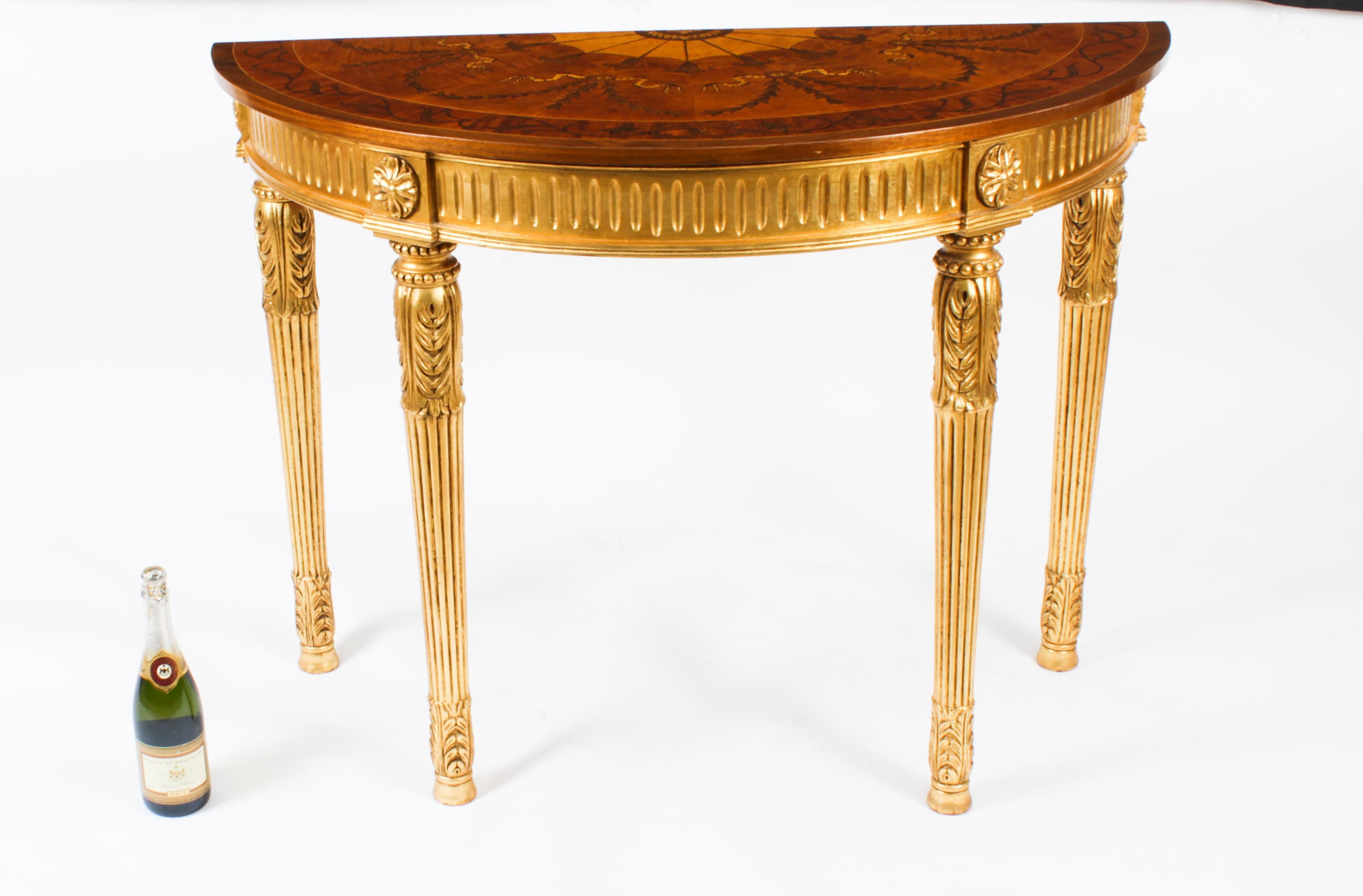 Vintage Pair Giltwood Half Moon Marquetry Console Tables 20th C 11