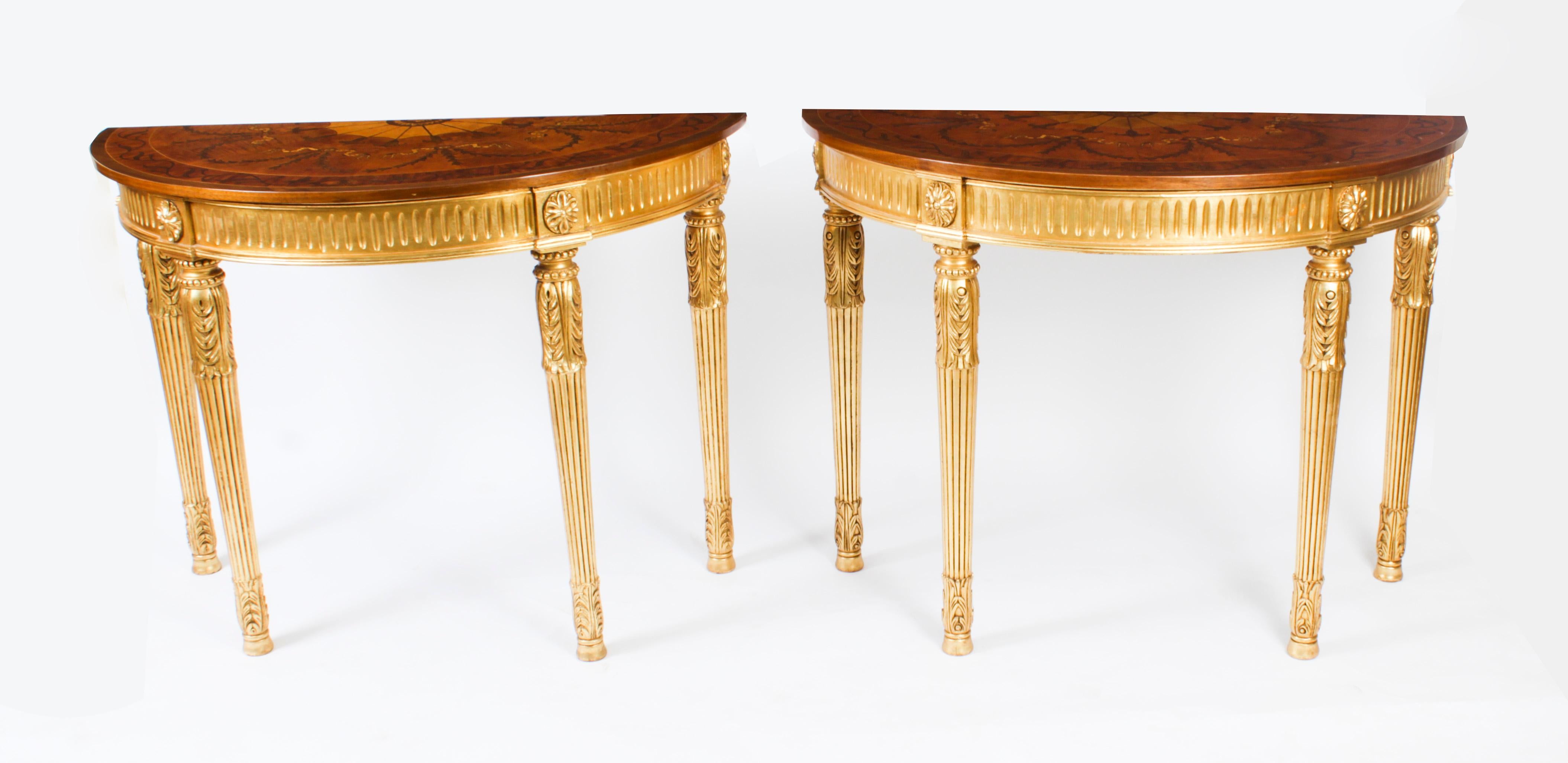 Vintage Pair Giltwood Half Moon Marquetry Console Tables 20th C 12