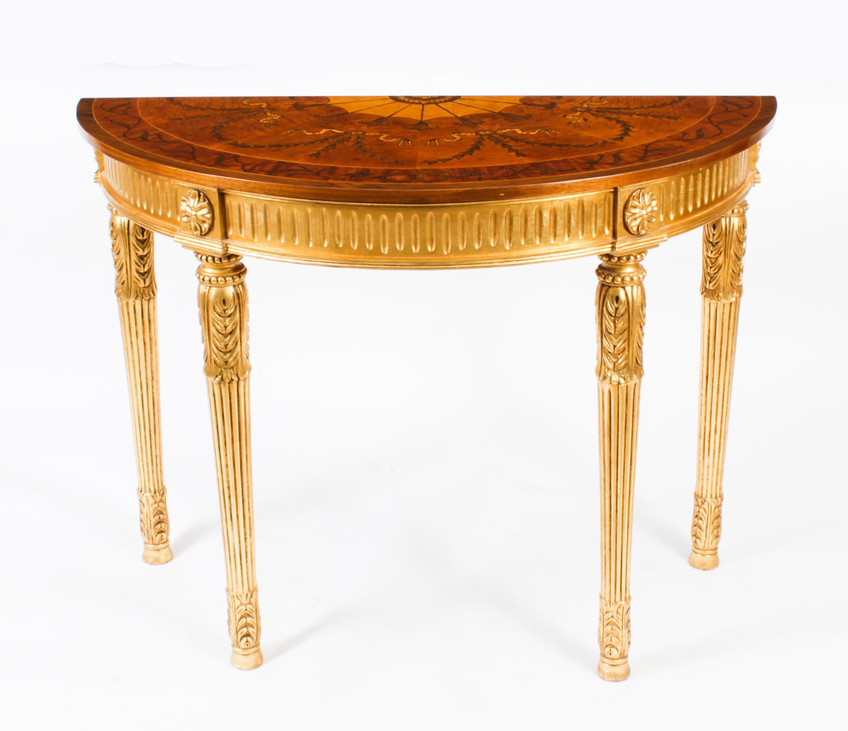 Sheraton Vintage Pair Giltwood Half Moon Marquetry Console Tables 20th C