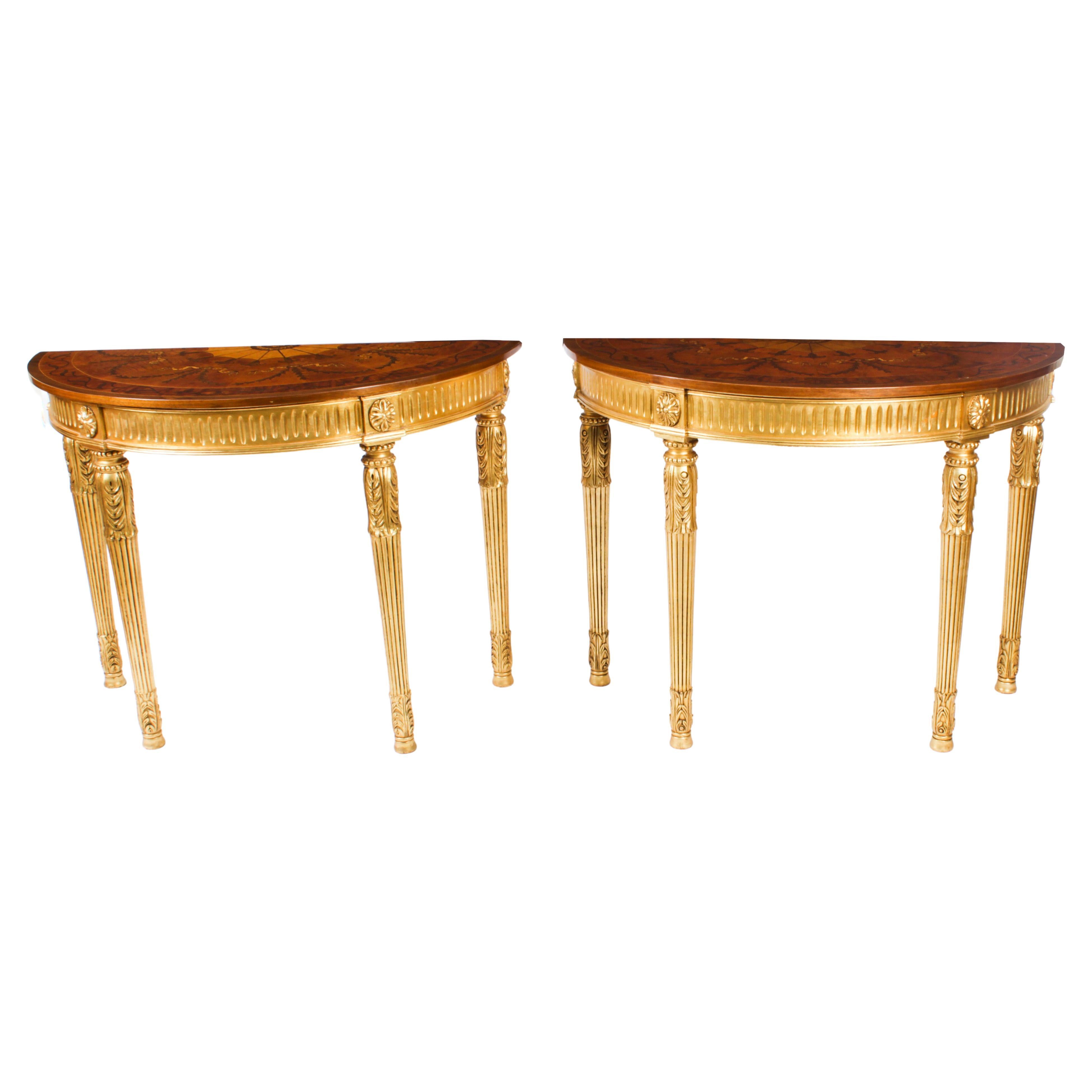 Vintage Pair Giltwood Half Moon Marquetry Console Tables 20th C