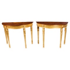 Retro Pair Giltwood Half Moon Marquetry Console Tables 20th C