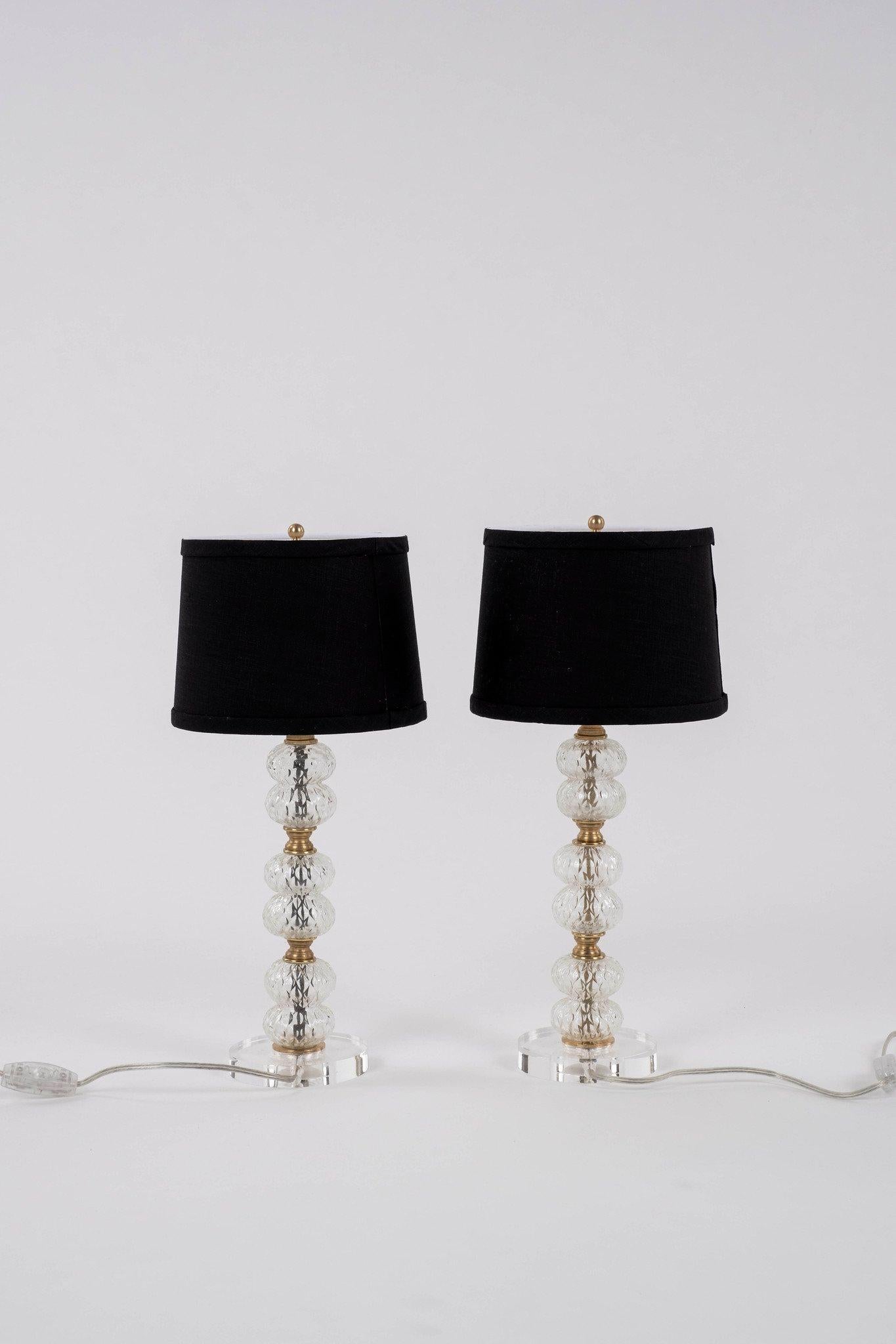 Vintage pair of glass, brass and lucite lamps with new black shades.

The shade's overall dimensions are 7 1/8