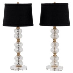 Vintage Pair Glass Brass Table Lamps