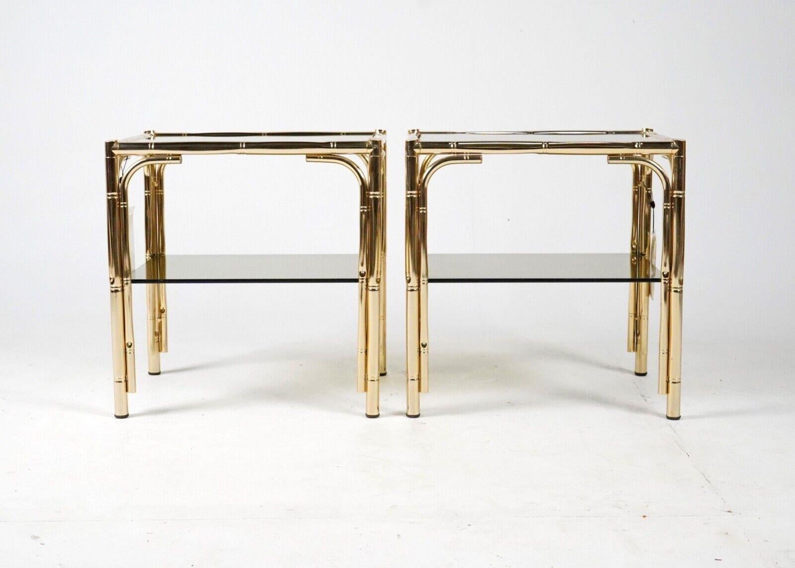 Vintage Pair Gold Plated 24C Faux Bamboo Bedside Tables With Smoked Glass 4