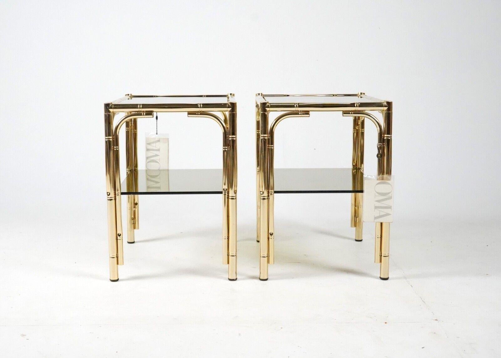 Vintage Pair Gold Plated 24C Faux Bamboo Bedside Tables With Smoked Glass 5