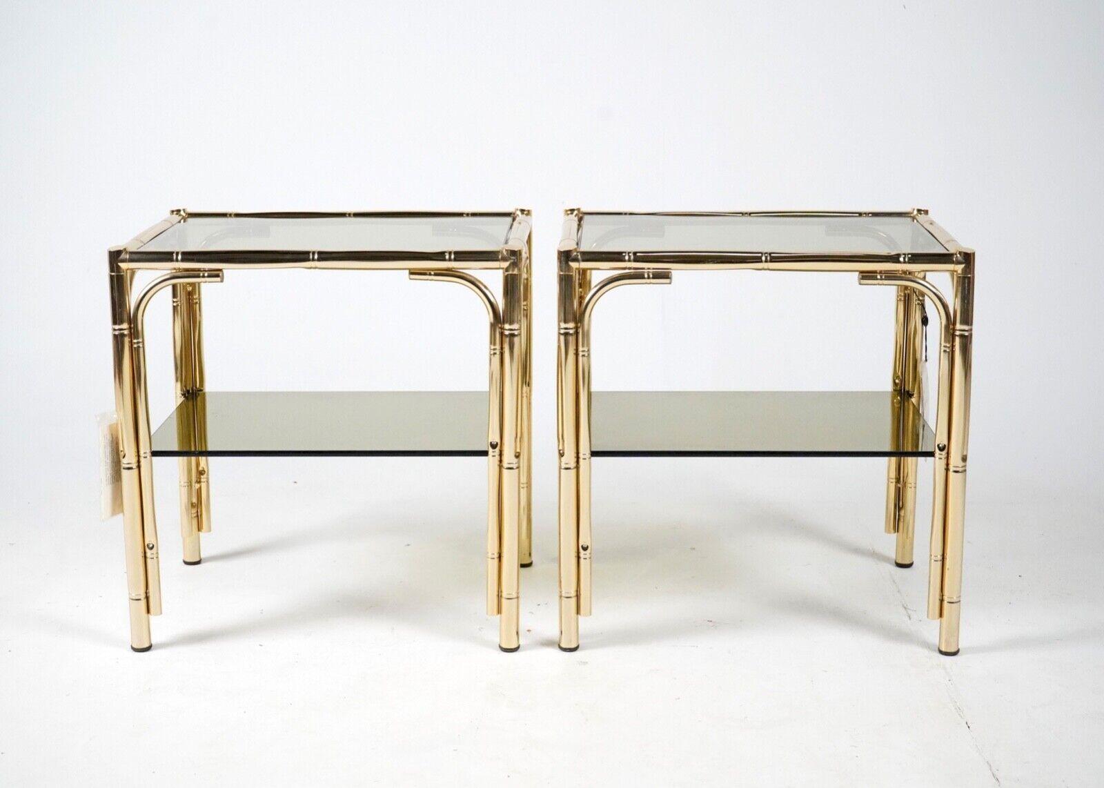 Vintage Pair Gold Plated 24C Faux Bamboo Bedside Tables With Smoked Glass 10