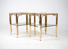 Vintage Pair Gold Plated 24C Faux Bamboo Bedside Tables With Smoked Glass