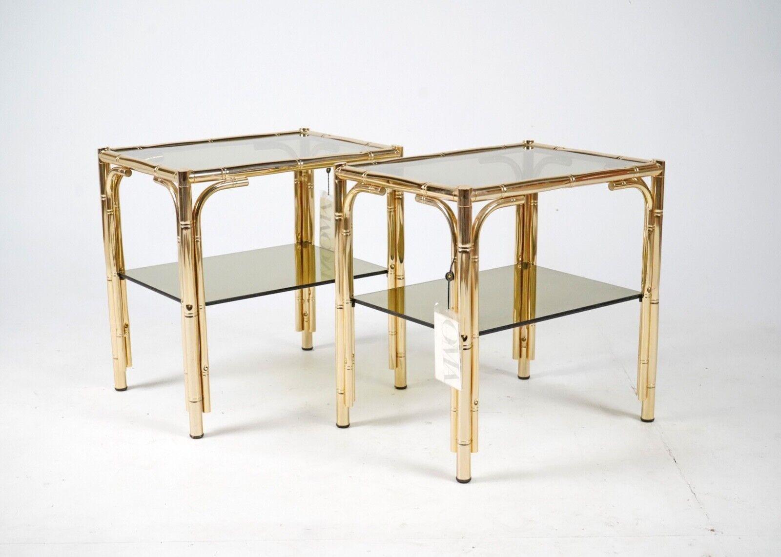 Hollywood Regency Vintage Pair Gold Plated 24C Faux Bamboo Bedside Tables With Smoked Glass