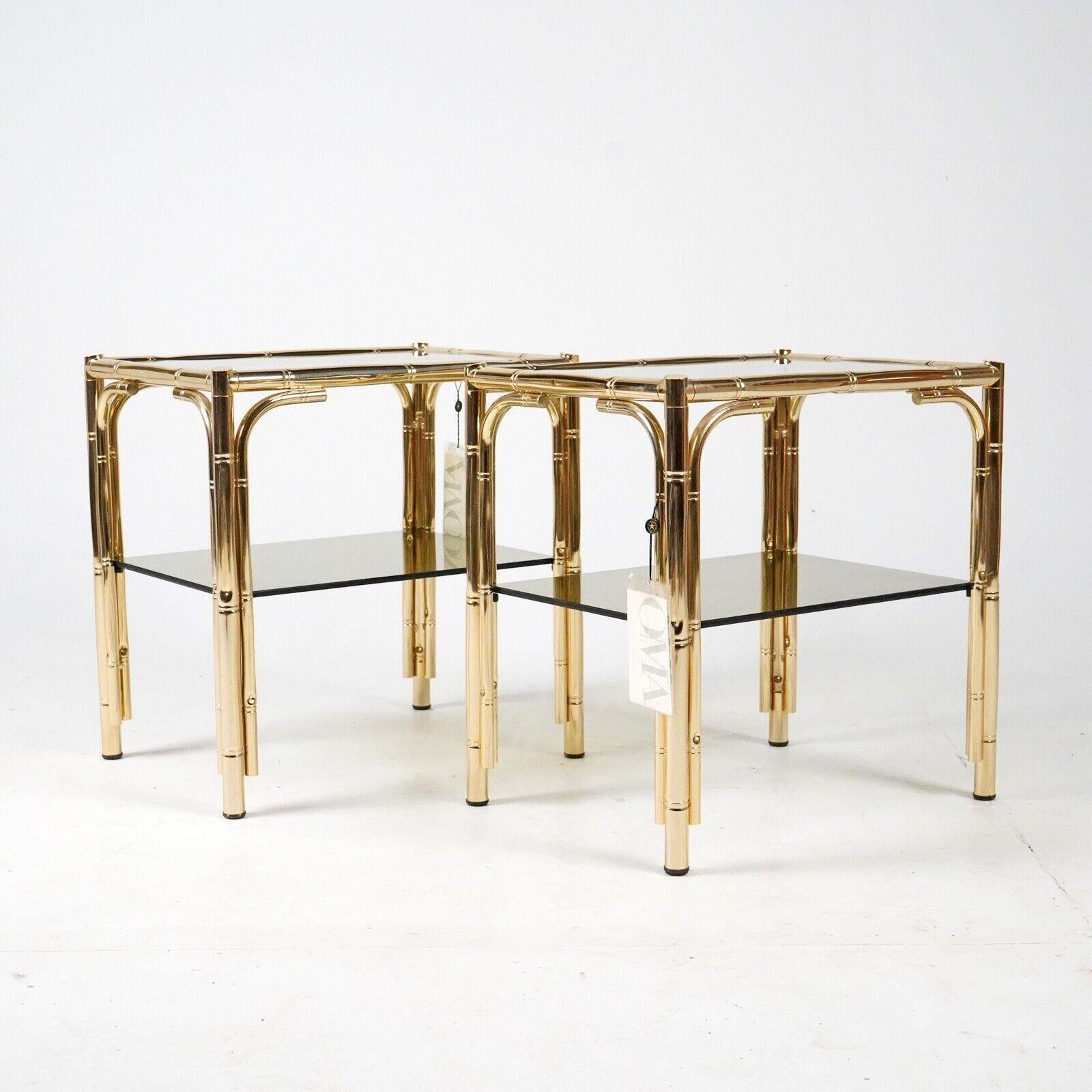 British Vintage Pair Gold Plated 24C Faux Bamboo Bedside Tables With Smoked Glass