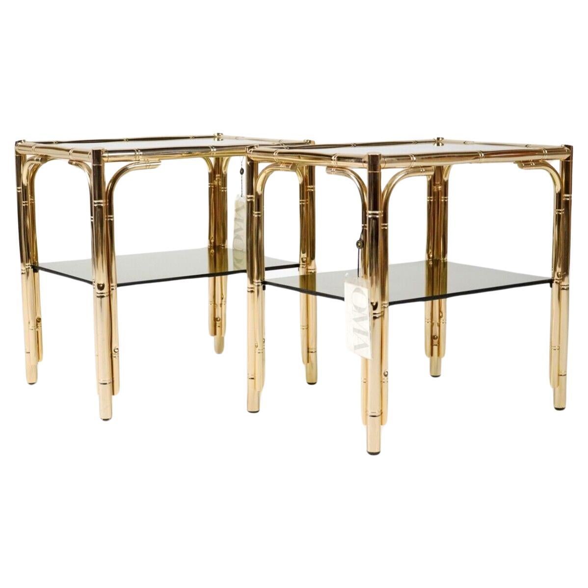 Vintage Pair Gold Plated 24C Faux Bamboo Bedside Tables With Smoked Glass