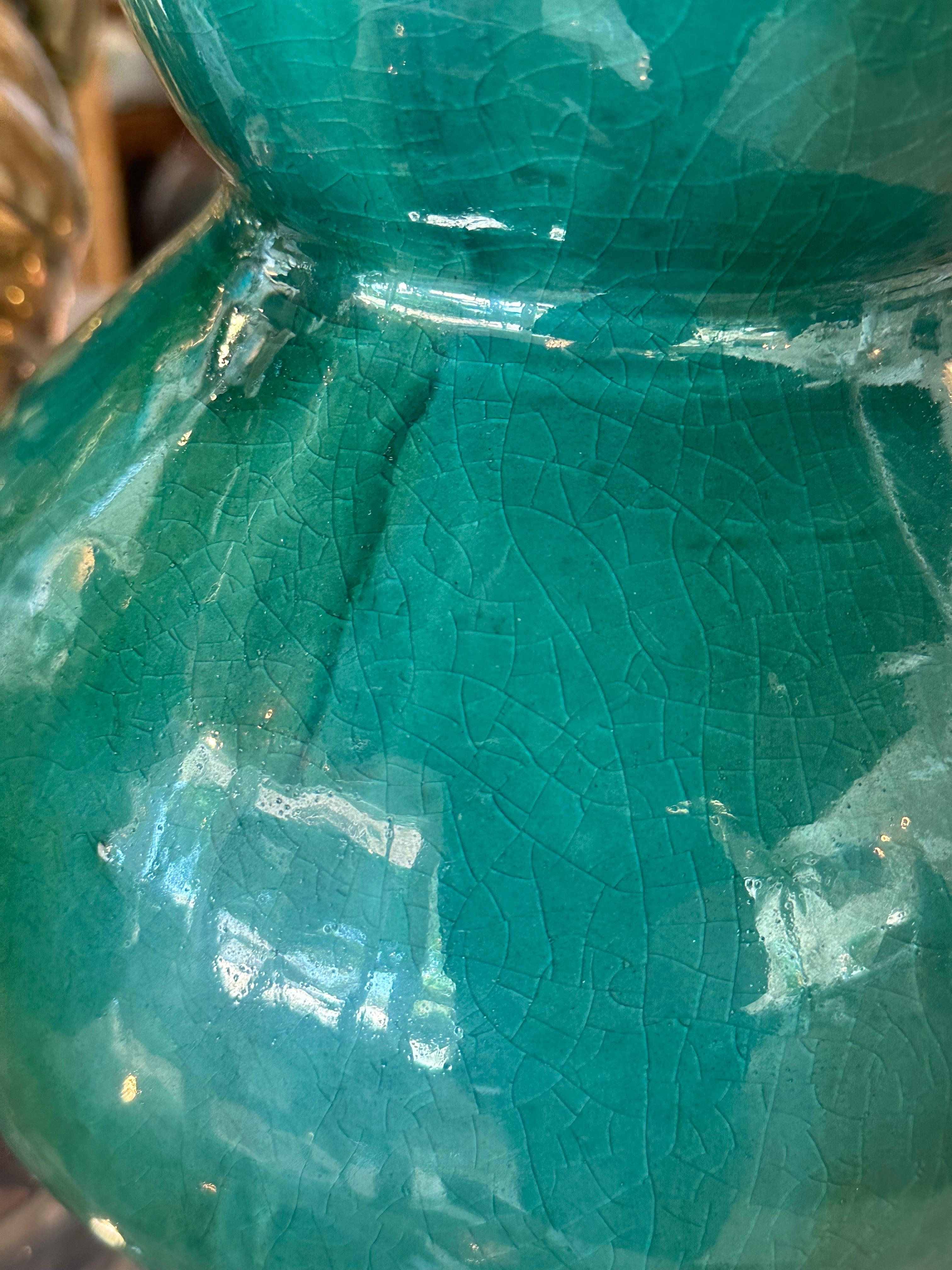 Paire de lampes de bureau vintage en porcelaine à glaçure craquelée verte gourde verte nouvellement câblée en laiton en vente 11