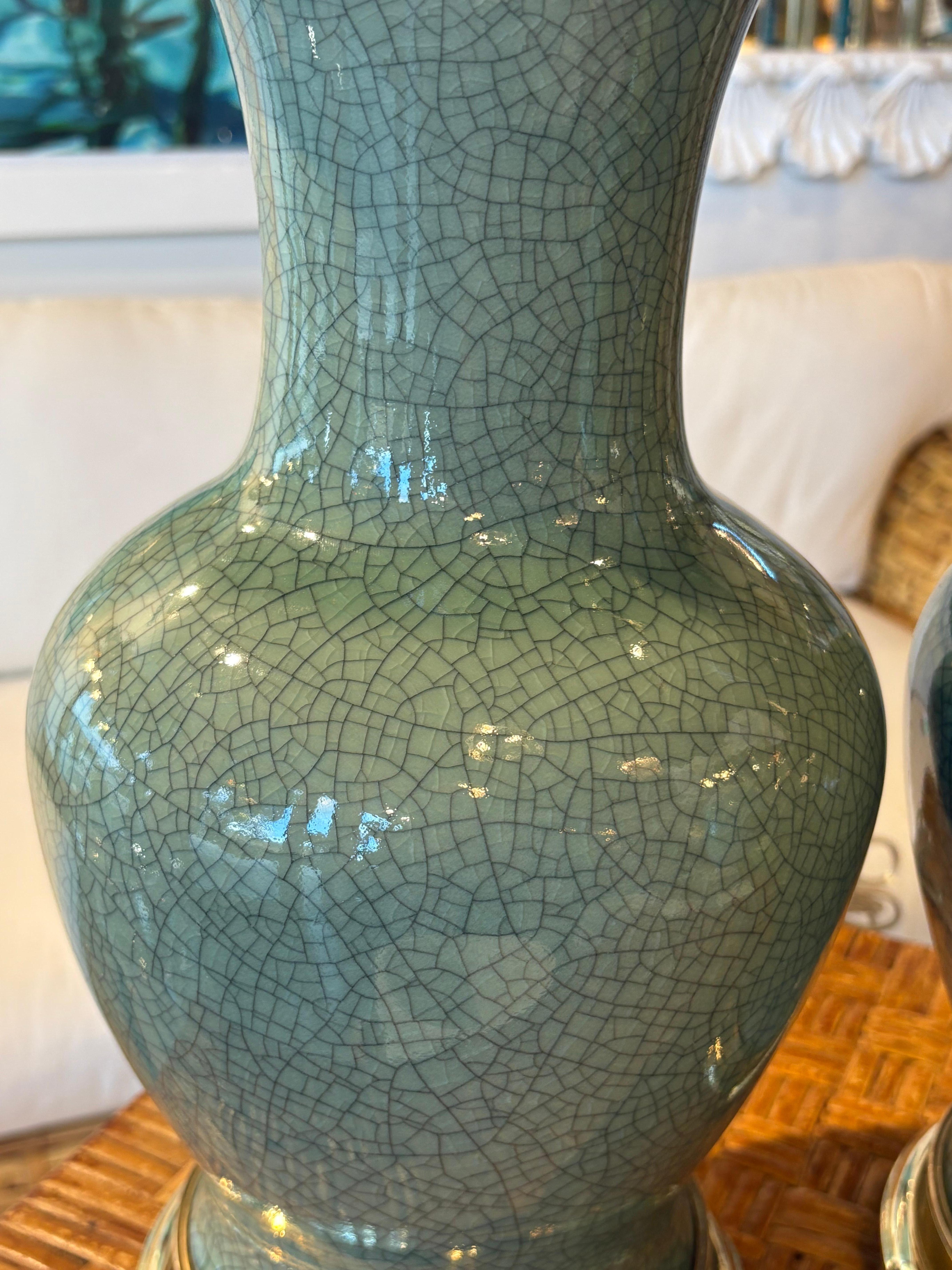 Vintage Pair Green Cracked Porcelain Table Lamps Brass Newly Wired Chinoiserie For Sale 6