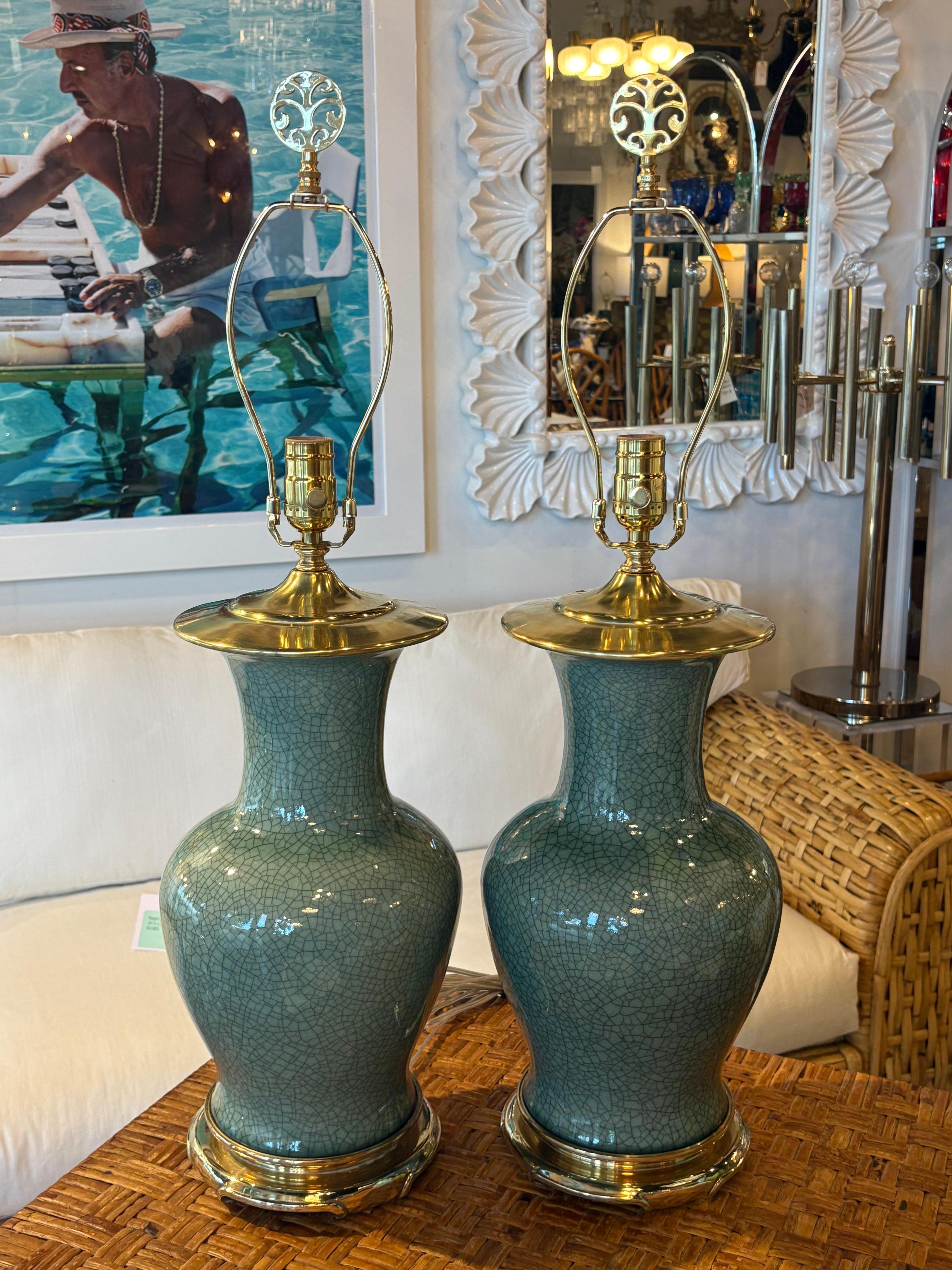 Vintage Pair Green Cracked Porcelain Table Lamps Brass Newly Wired Chinoiserie For Sale 9