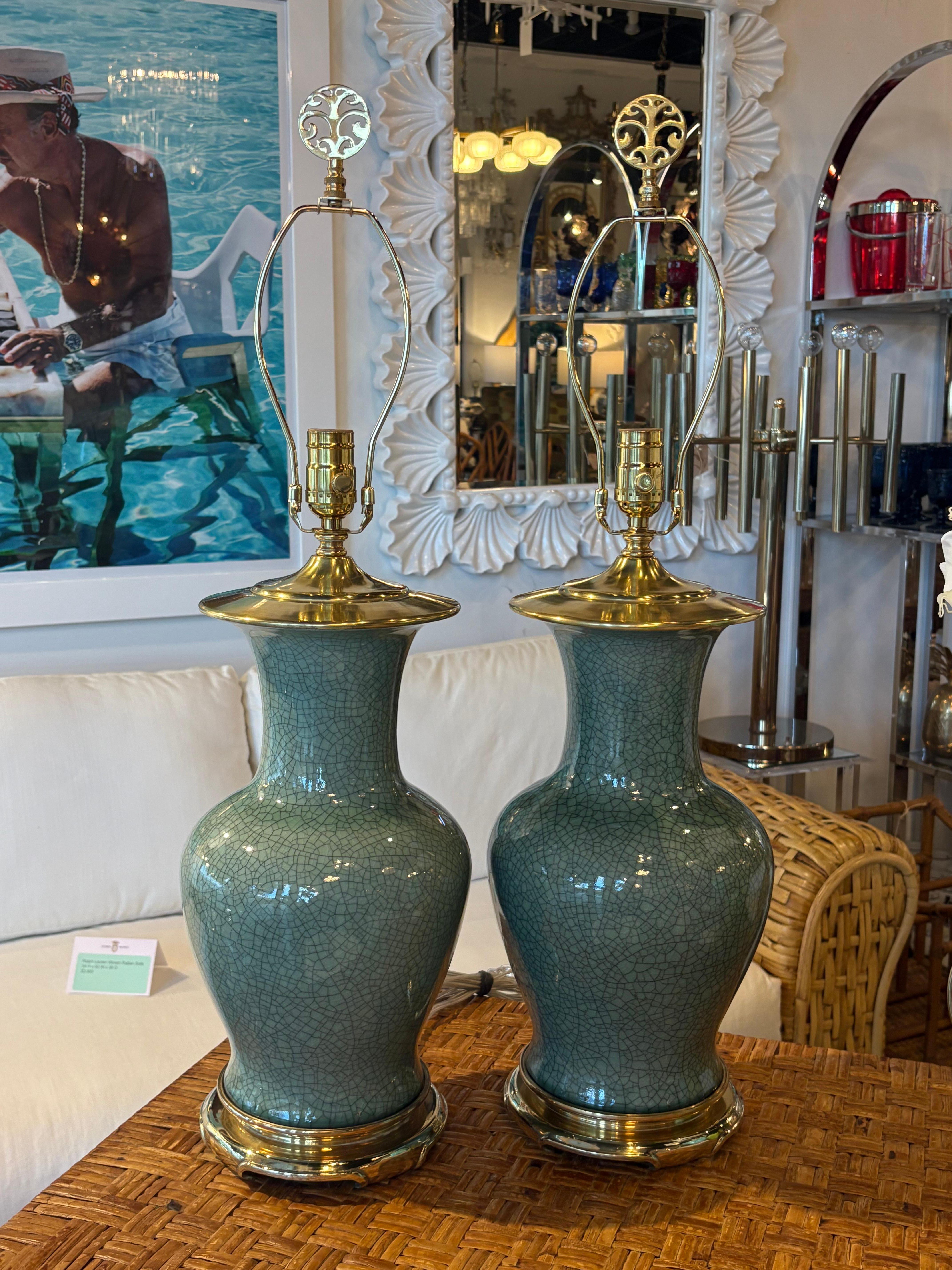 Vintage Pair Green Cracked Porcelain Table Lamps Brass Newly Wired Chinoiserie For Sale 12