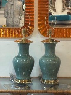 Vintage Pair Green Cracked Porcelain Table Lamps Brass Newly Wired Chinoiserie