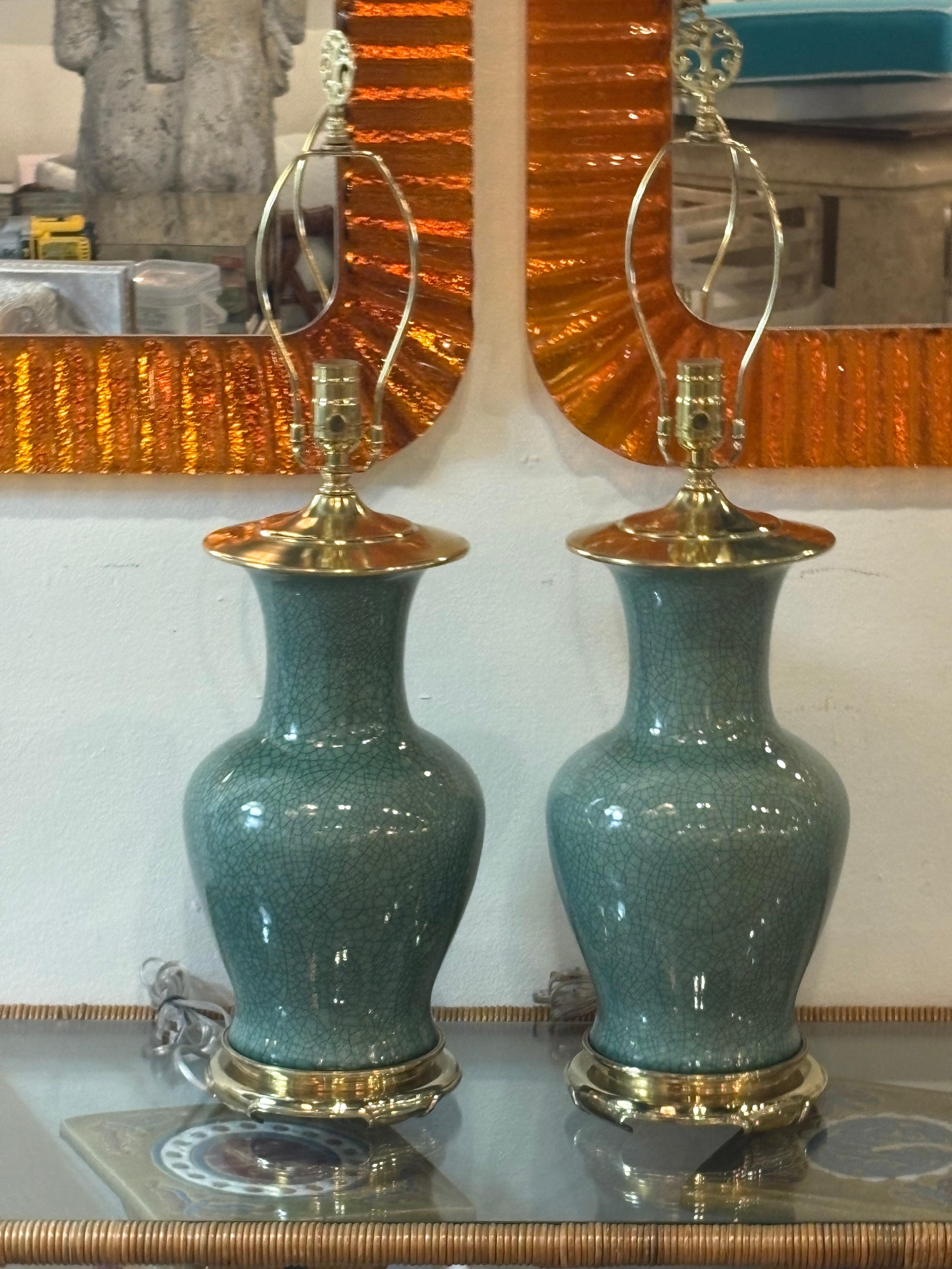 American Vintage Pair Green Cracked Porcelain Table Lamps Brass Newly Wired Chinoiserie For Sale