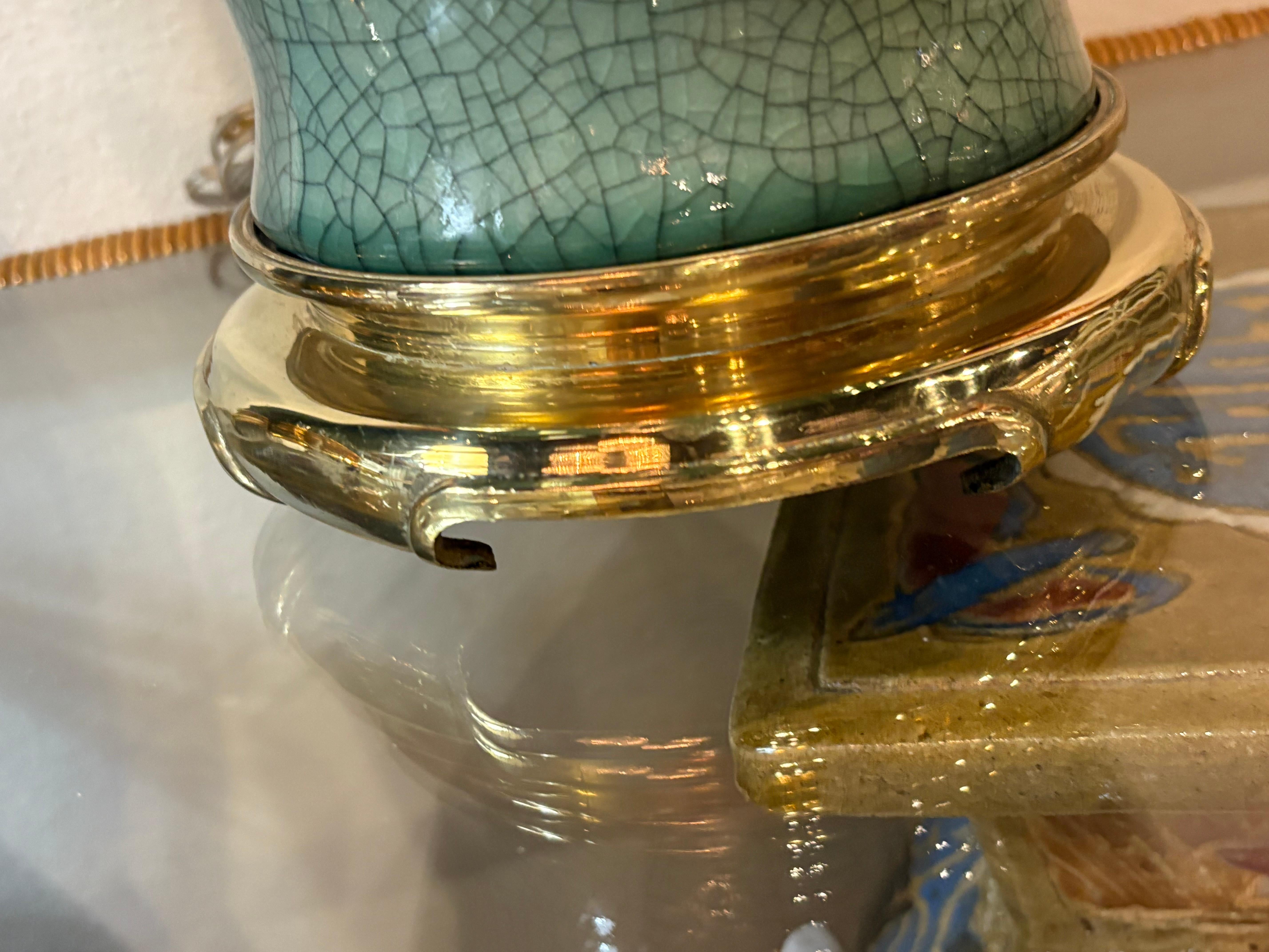 Vintage Pair Green Cracked Porcelain Table Lamps Brass Newly Wired Chinoiserie For Sale 2
