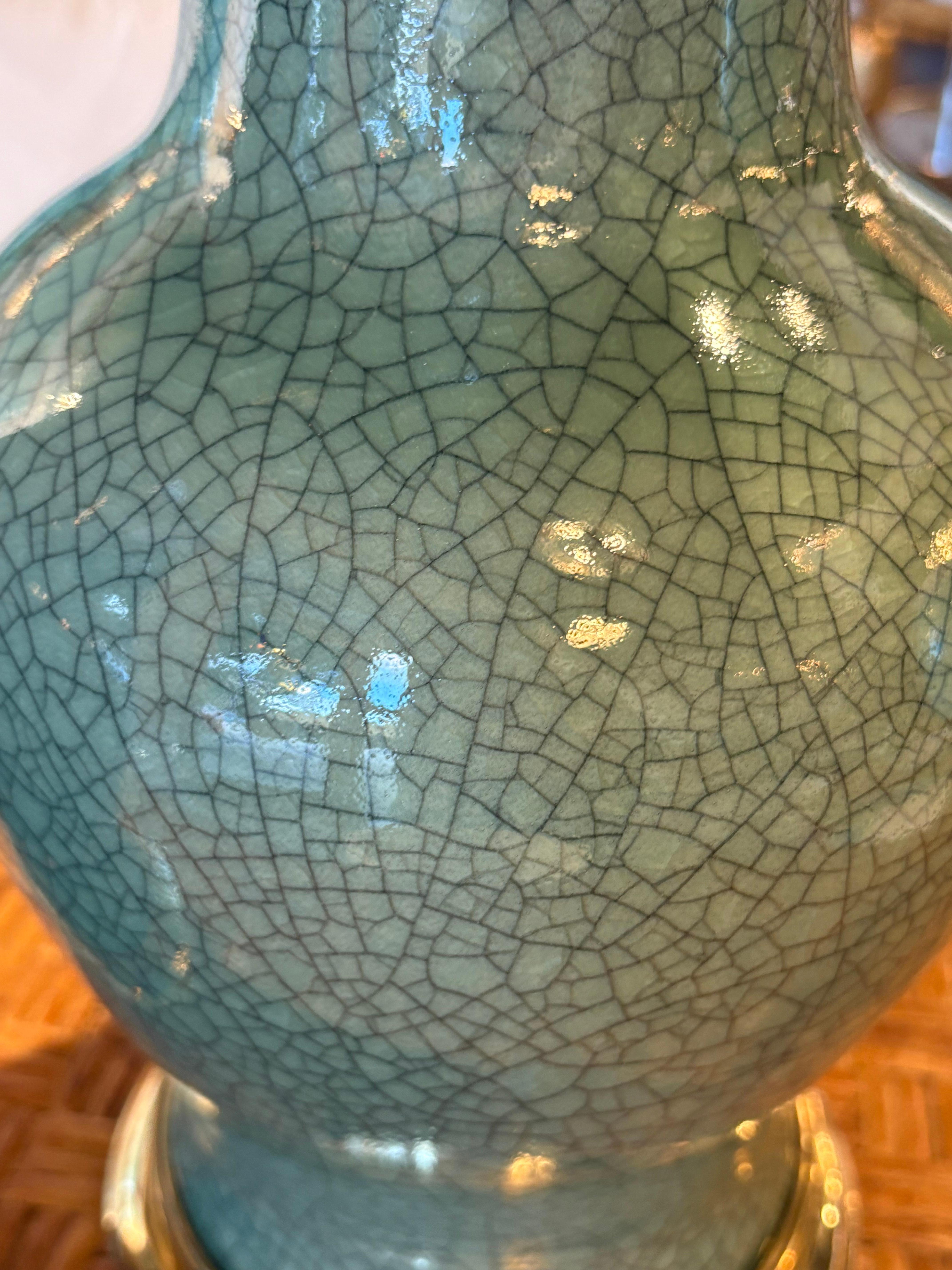 Vintage Pair Green Cracked Porcelain Table Lamps Brass Newly Wired Chinoiserie For Sale 4