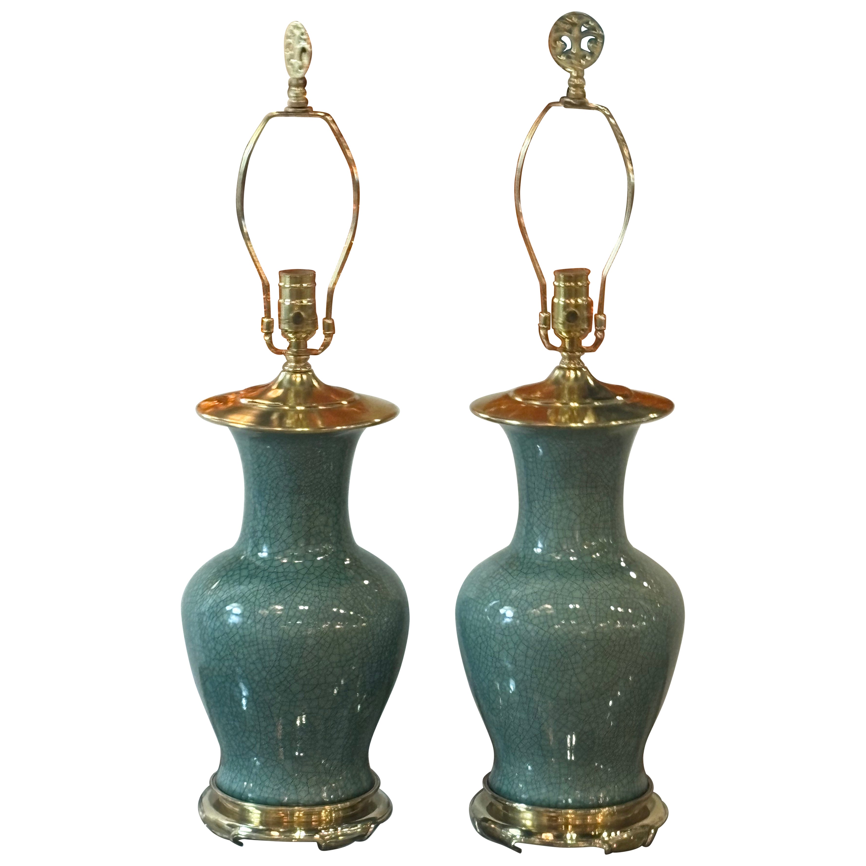 Vintage Pair Green Cracked Porcelain Table Lamps Brass Newly Wired Chinoiserie For Sale