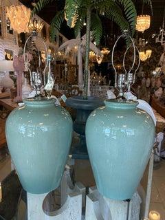 Vintage Pair Green Crackle Porcelain Ceramic Table Lamps Brass Newly Wired
