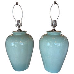 Vintage Pair Green Crackle Porcelain Ceramic Table Lamps Brass Newly Wired