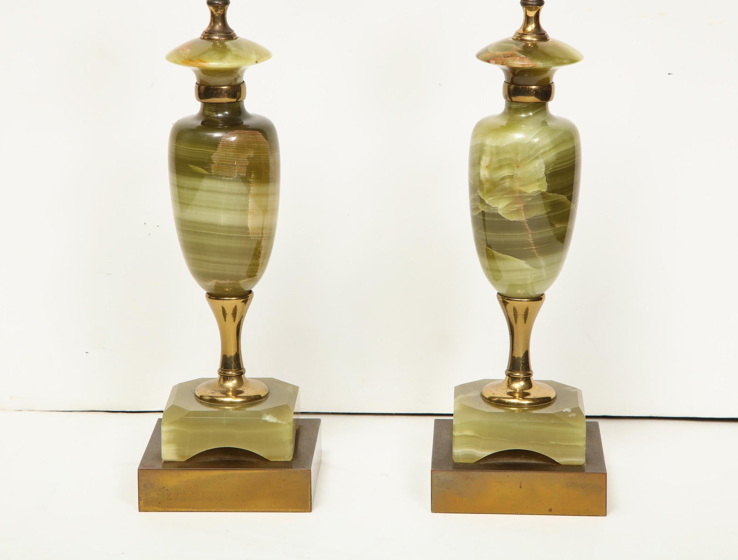 Vintage pair of green onyx deco lamps.