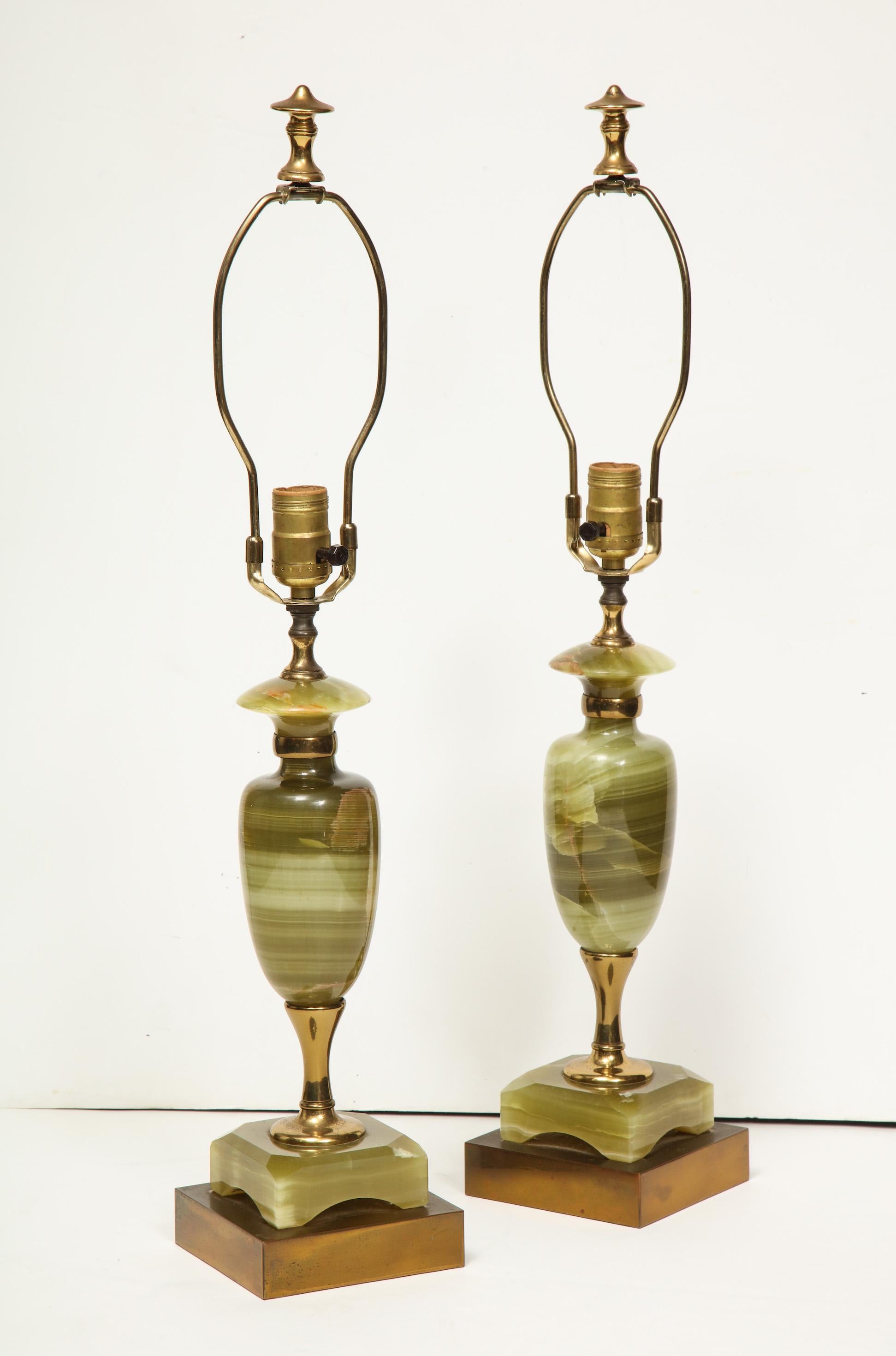 Late 20th Century Vintage Pair of Green Onyx Deco Lamps