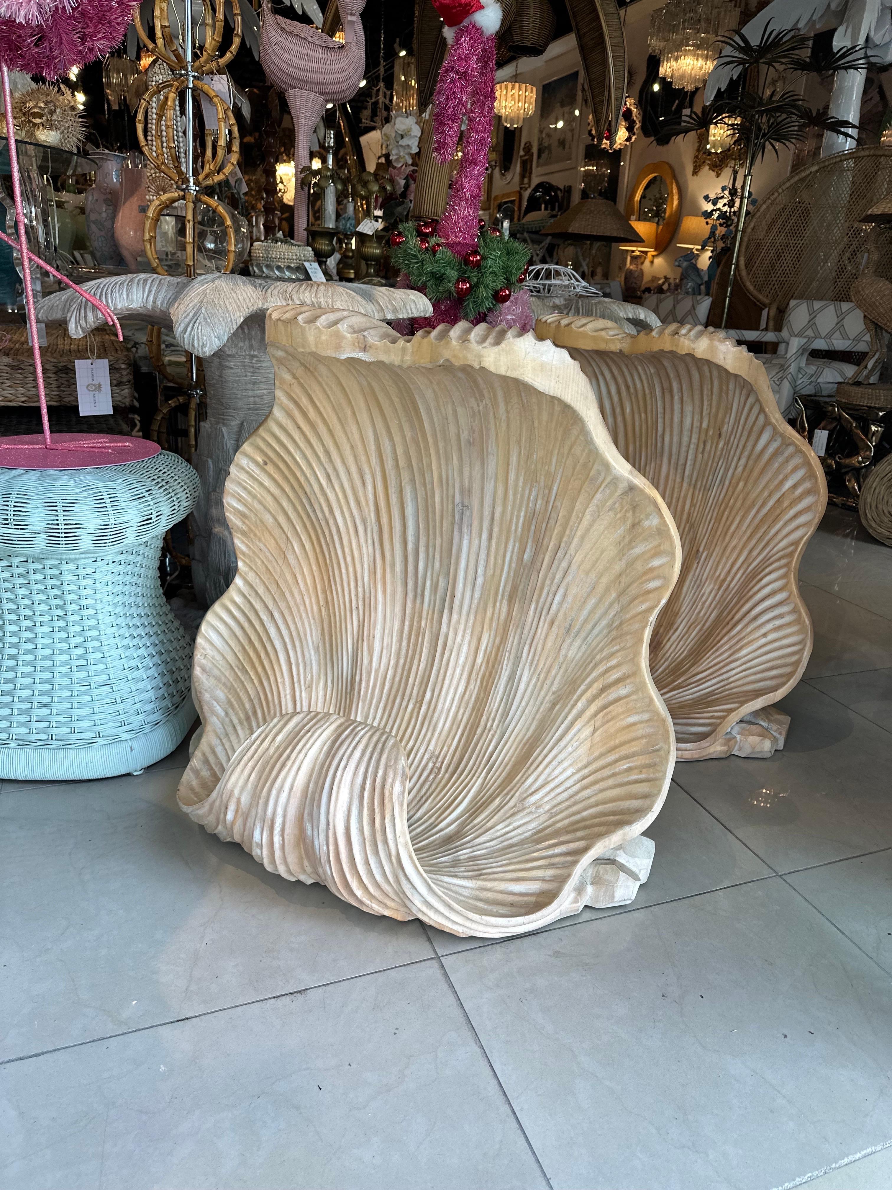 Vintage Pair Grotto Wood Carved Scalloped Clam Seashell Shell Dining Table Bases 6
