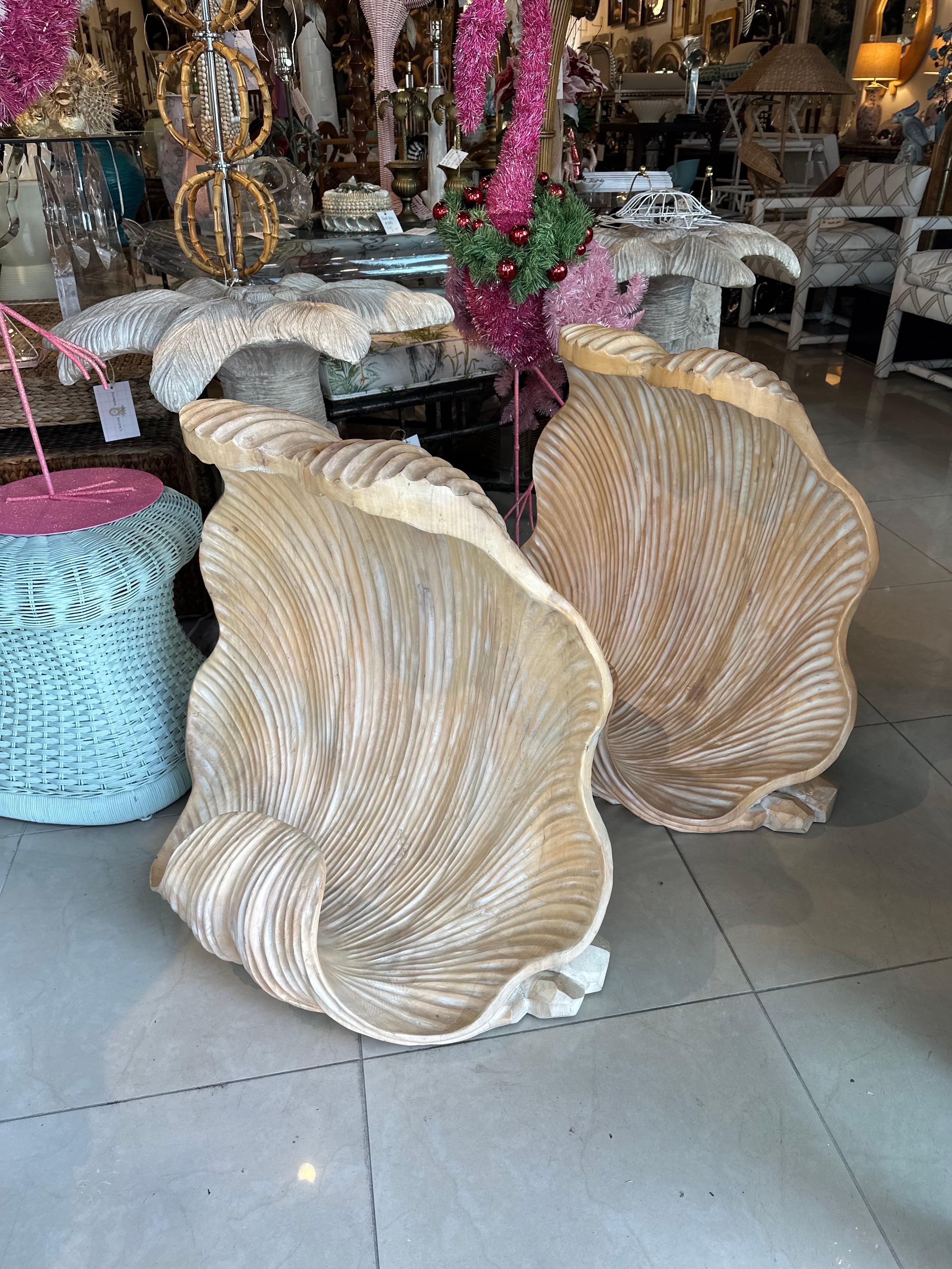 Vintage Pair Grotto Wood Carved Scalloped Clam Seashell Shell Dining Table Bases 8