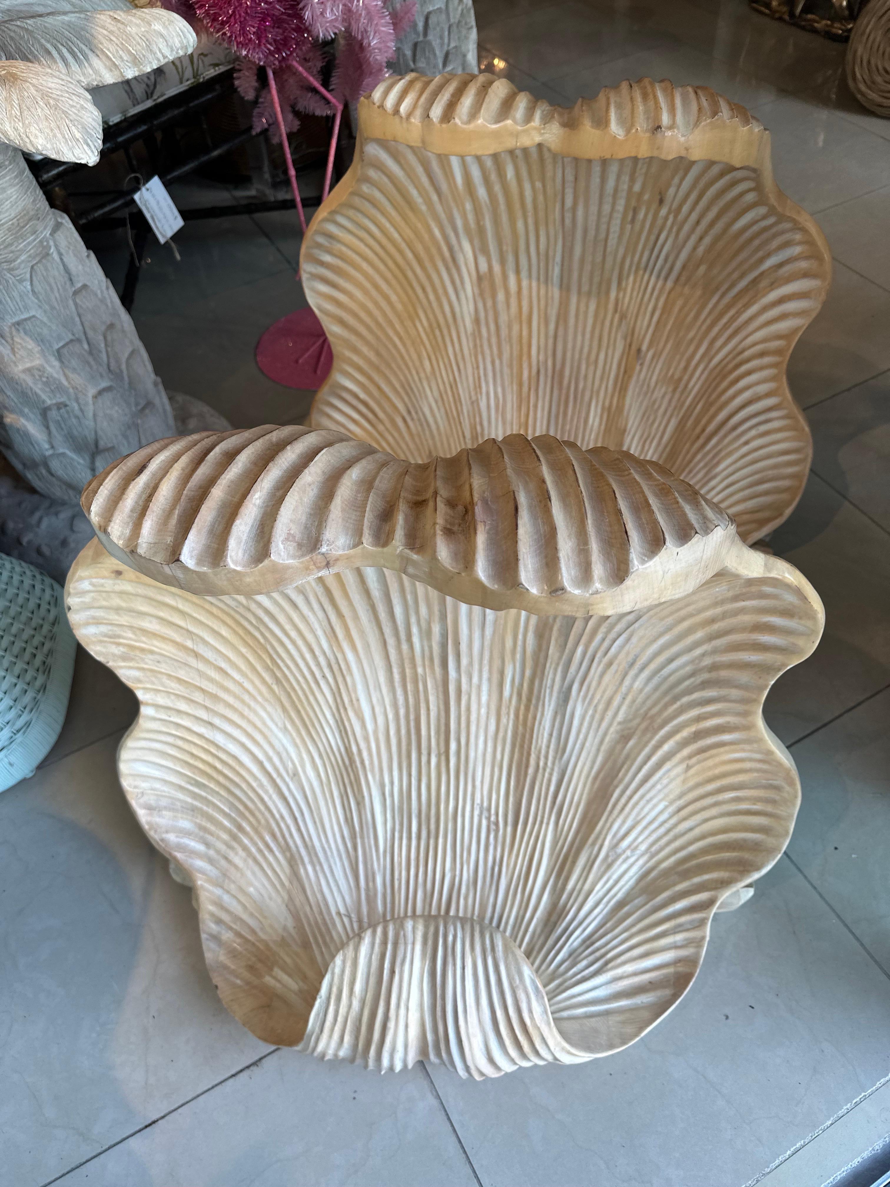 Vintage Pair Grotto Wood Carved Scalloped Clam Seashell Shell Dining Table Bases 9