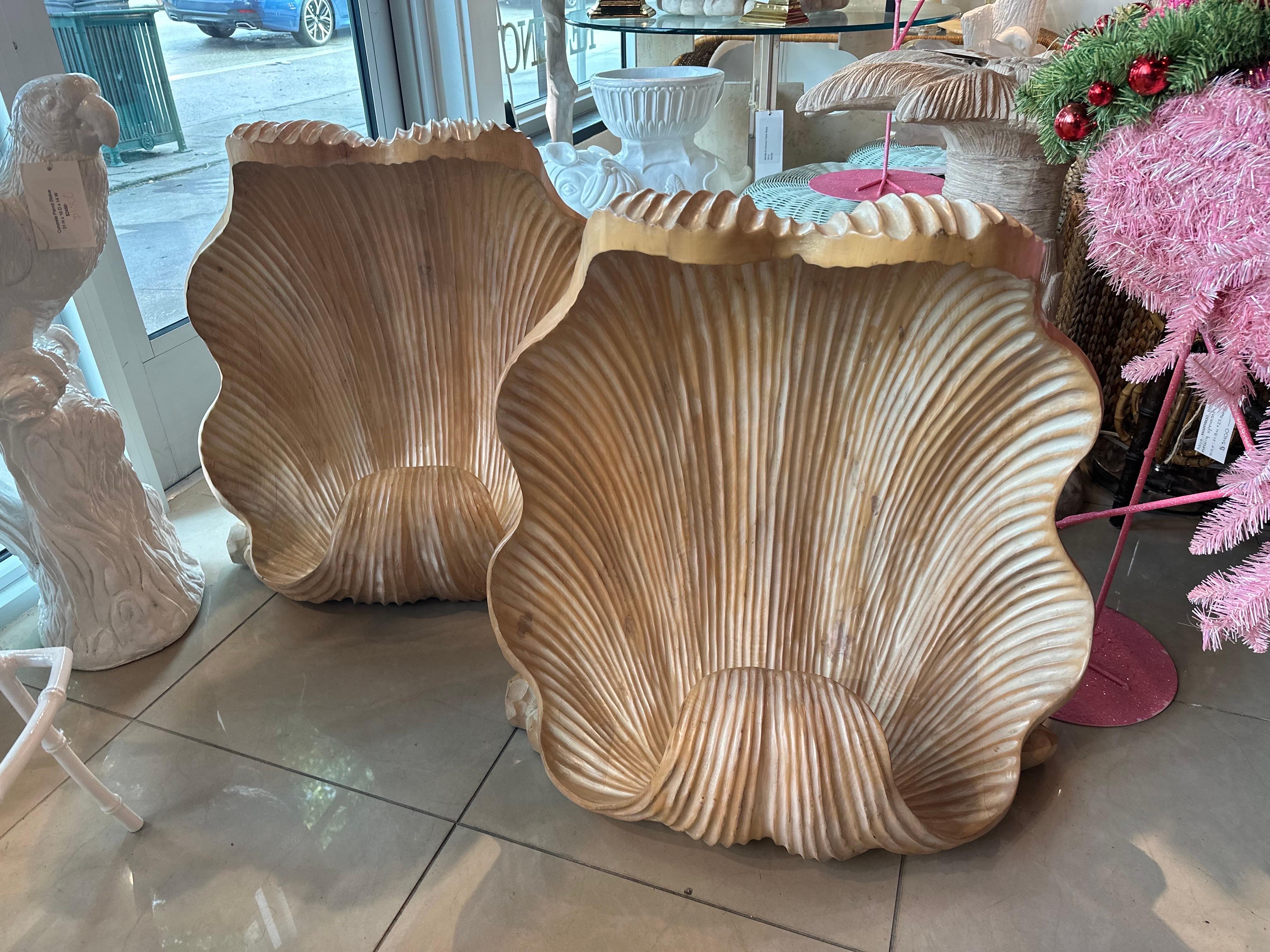 Hollywood Regency Vintage Pair Grotto Wood Carved Scalloped Clam Seashell Shell Dining Table Bases