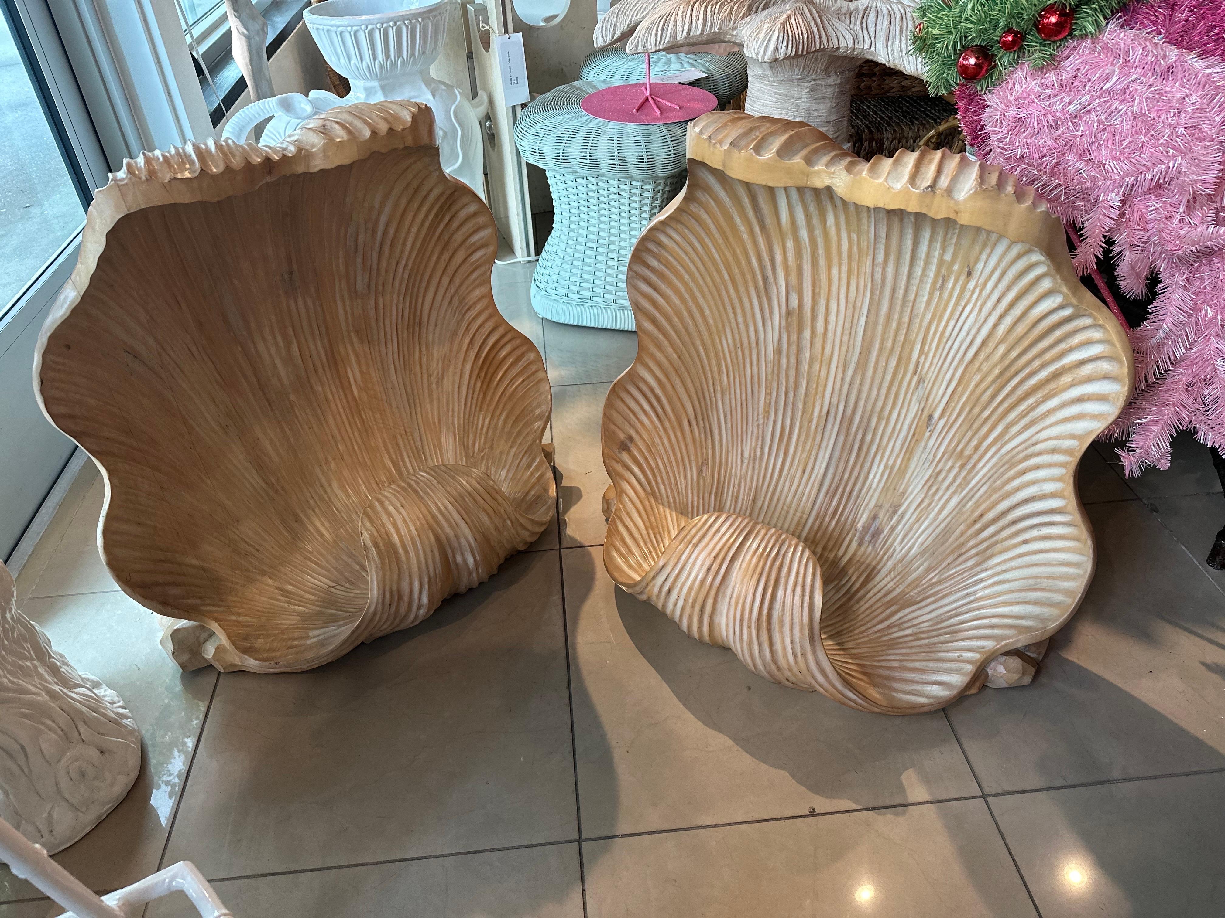 American Vintage Pair Grotto Wood Carved Scalloped Clam Seashell Shell Dining Table Bases