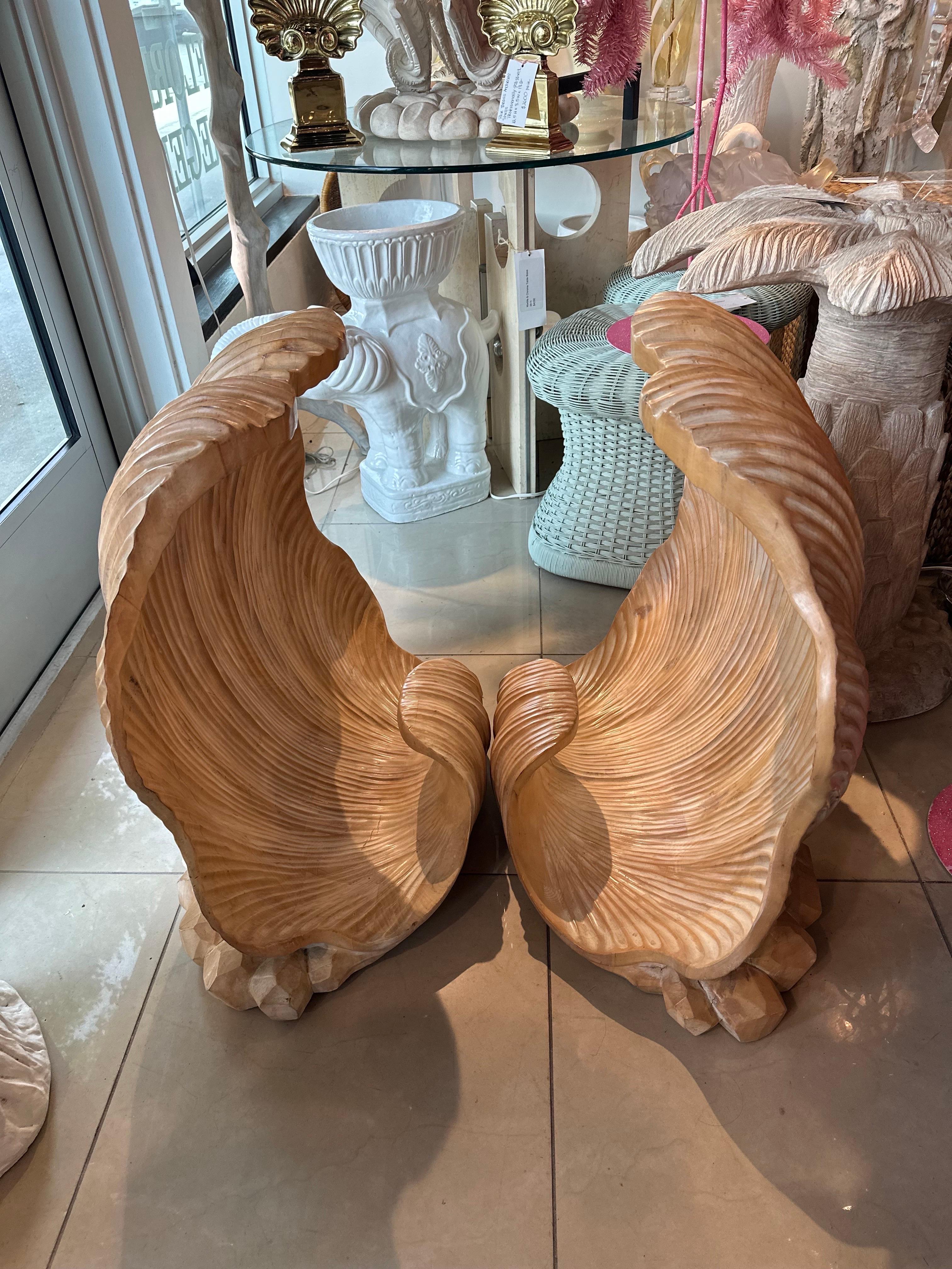 Late 20th Century Vintage Pair Grotto Wood Carved Scalloped Clam Seashell Shell Dining Table Bases