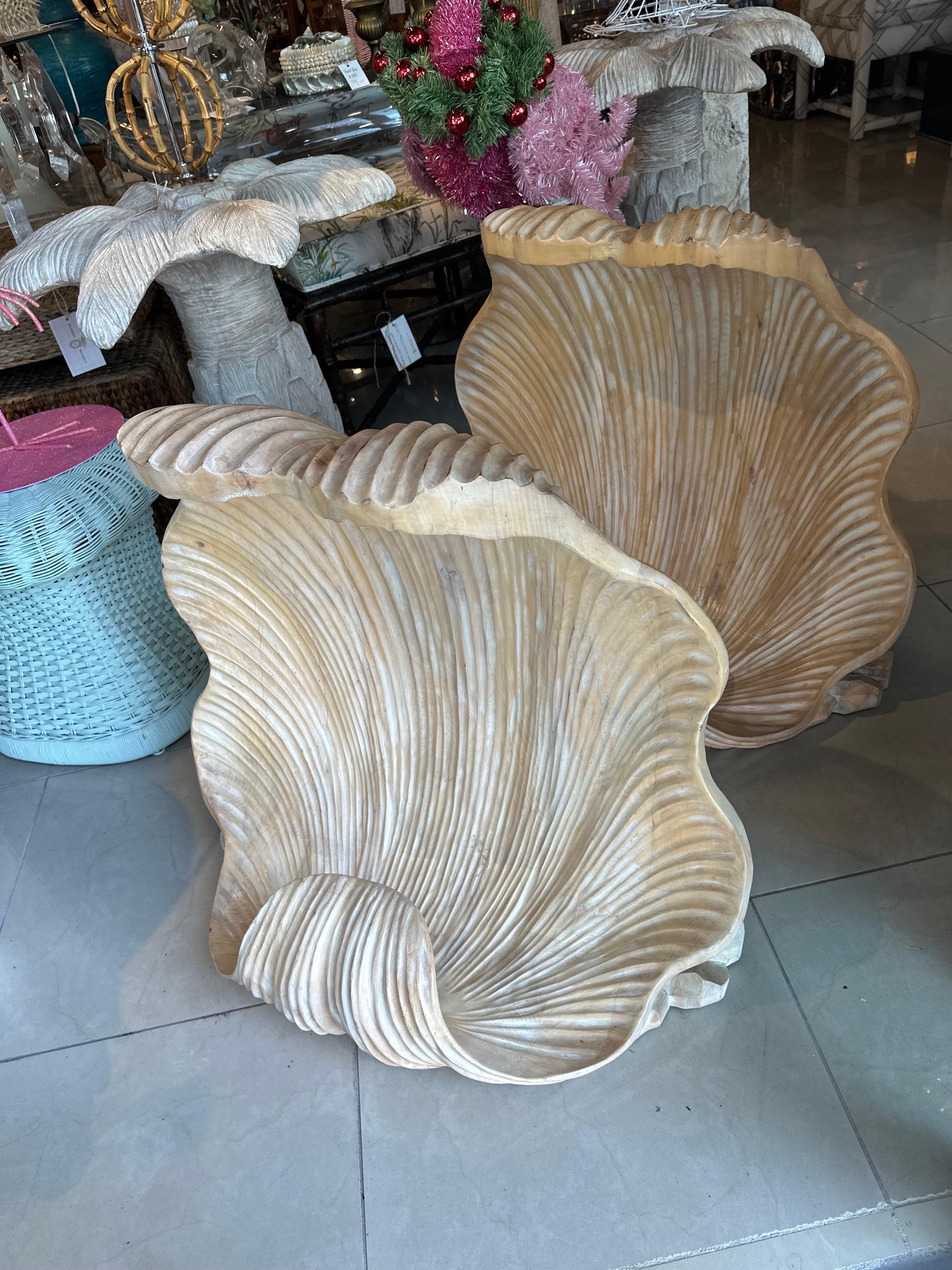 Vintage Pair Grotto Wood Carved Scalloped Clam Seashell Shell Dining Table Bases 3