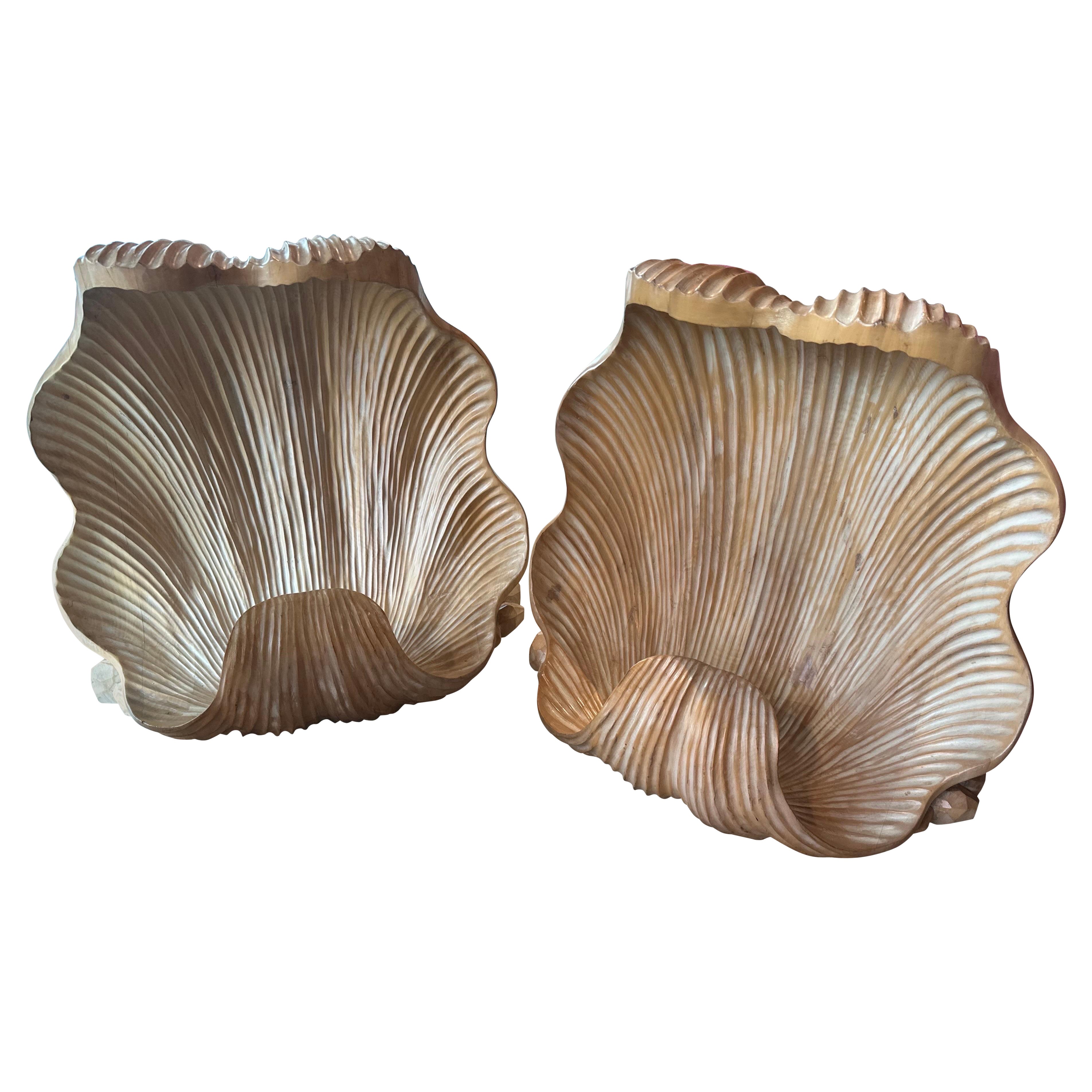Vintage Pair Grotto Wood Carved Scalloped Clam Seashell Shell Dining Table Bases