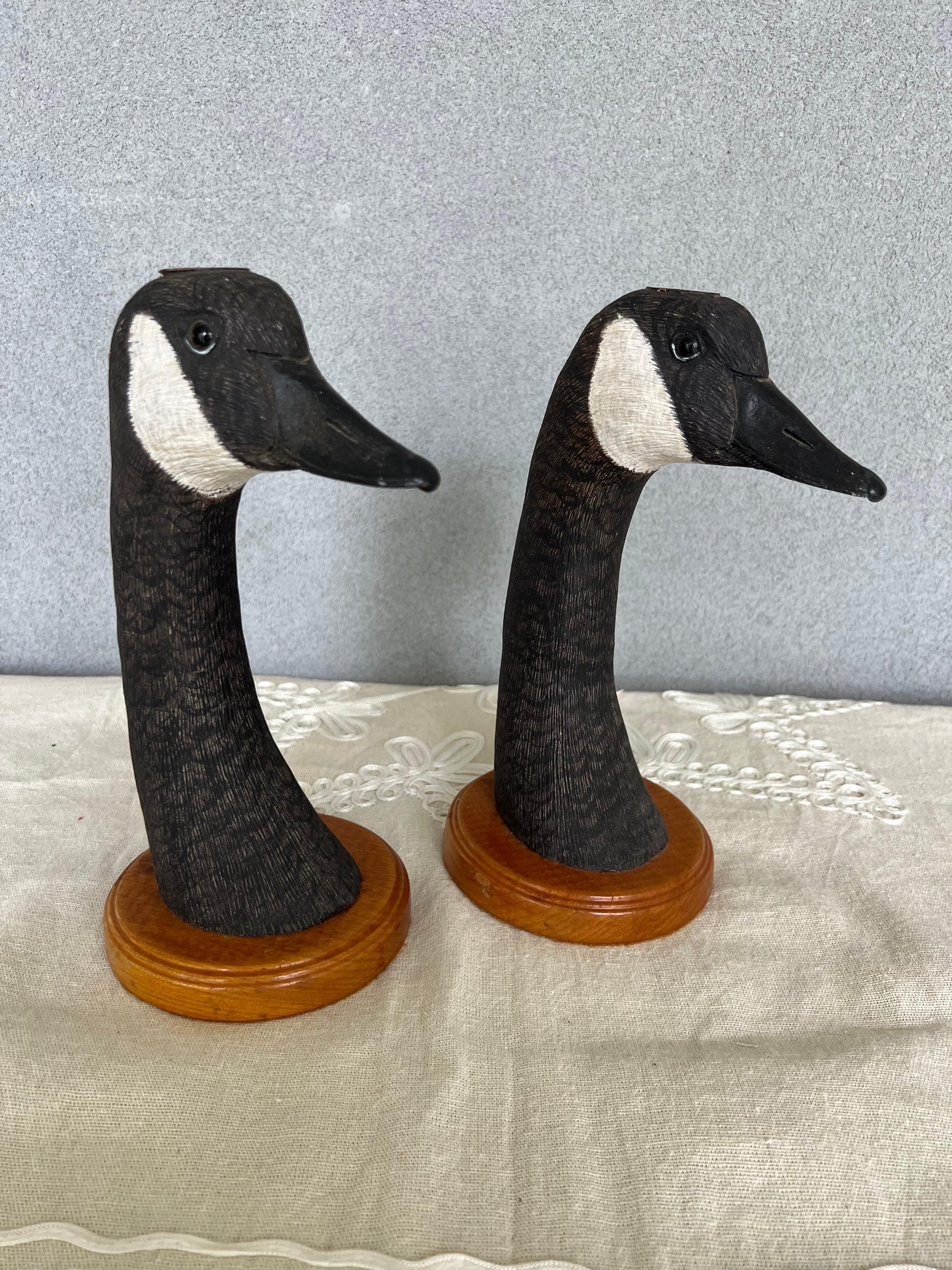 Stunning rare Hand-Carved and Hand-Painted pair of goose Candlesticks by Mid-Century New Jersey Decoy Artist Carl R. BECKER (1929-2013) 
This Pair it’s not only rare it’s very well carved and in excellent condition 
Both pieces are signed on bottom 