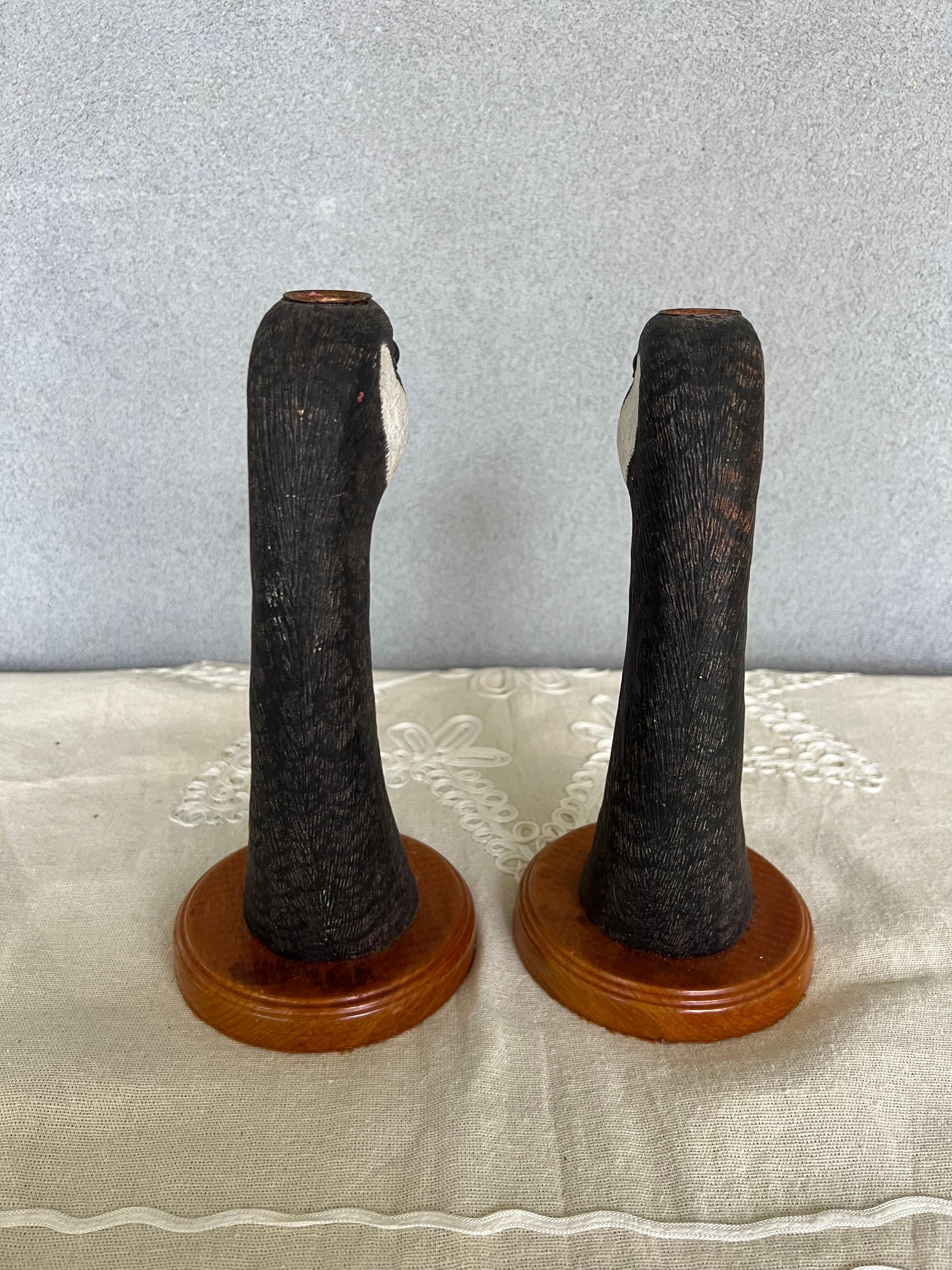 Mid-Century Modern Vintage Pair Hand-Carved Goose Candlesticks  For Sale
