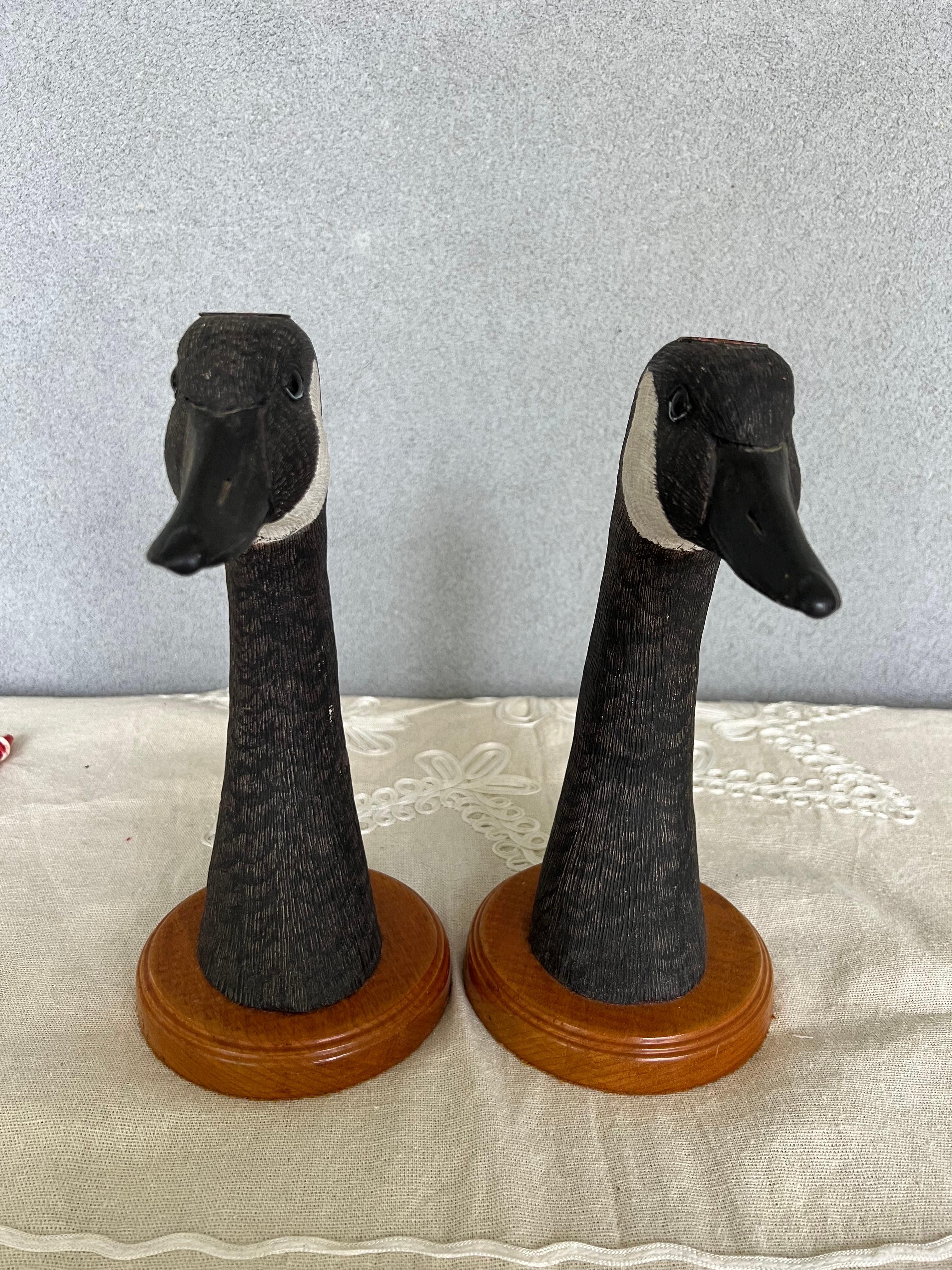 American Vintage Pair Hand-Carved Goose Candlesticks  For Sale