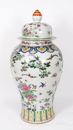 Vintage Pair Hand Enamelled Famille Noire Chinese Temple Vases Mid 20th Century