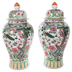 Vintage Pair Hand Enamelled Famille Noire Chinese Temple Vases Mid 20th Century