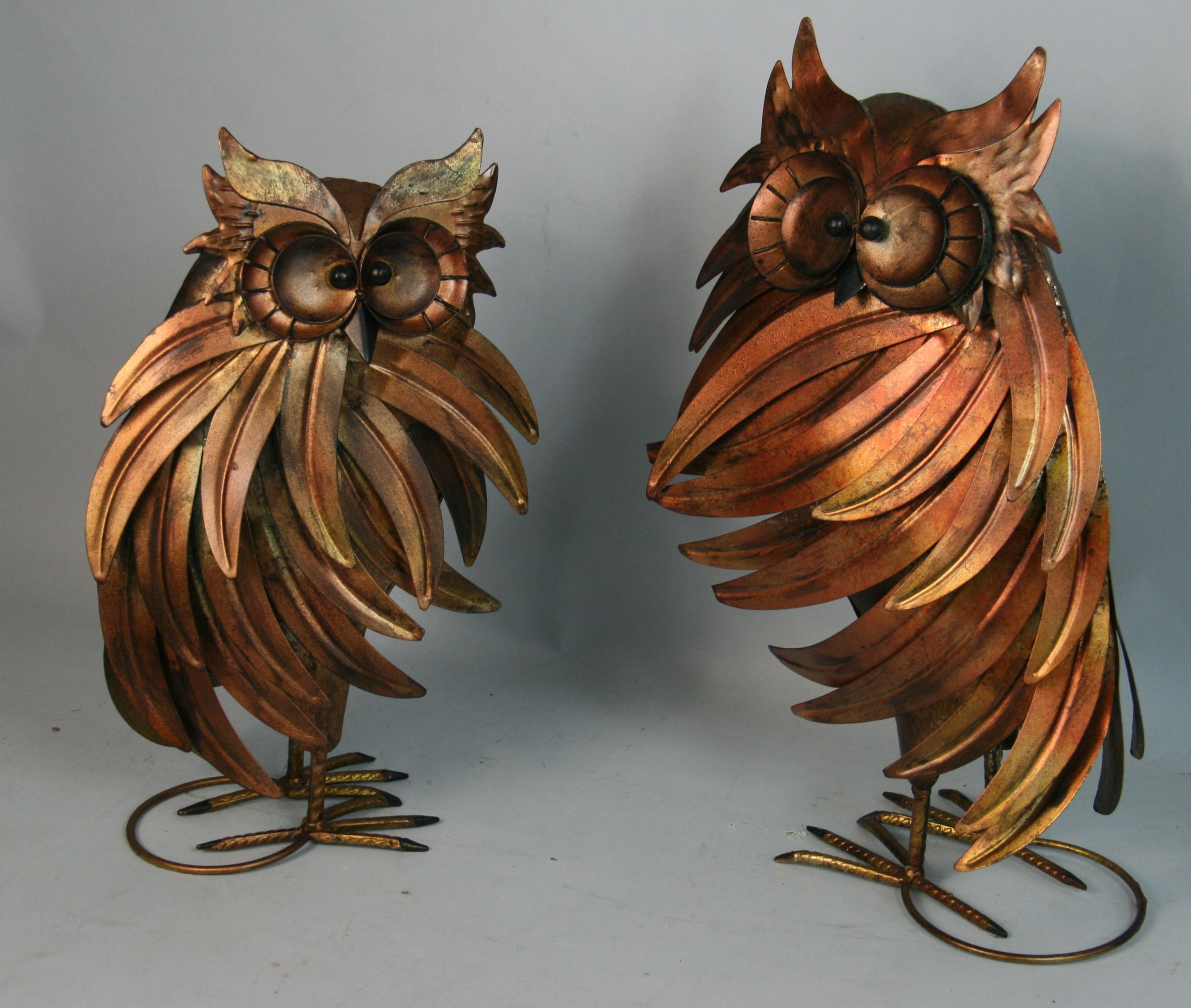 Hand-Crafted Vintage Brutalist Large Pair Hand Made and Decorated Metal Owls For Sale