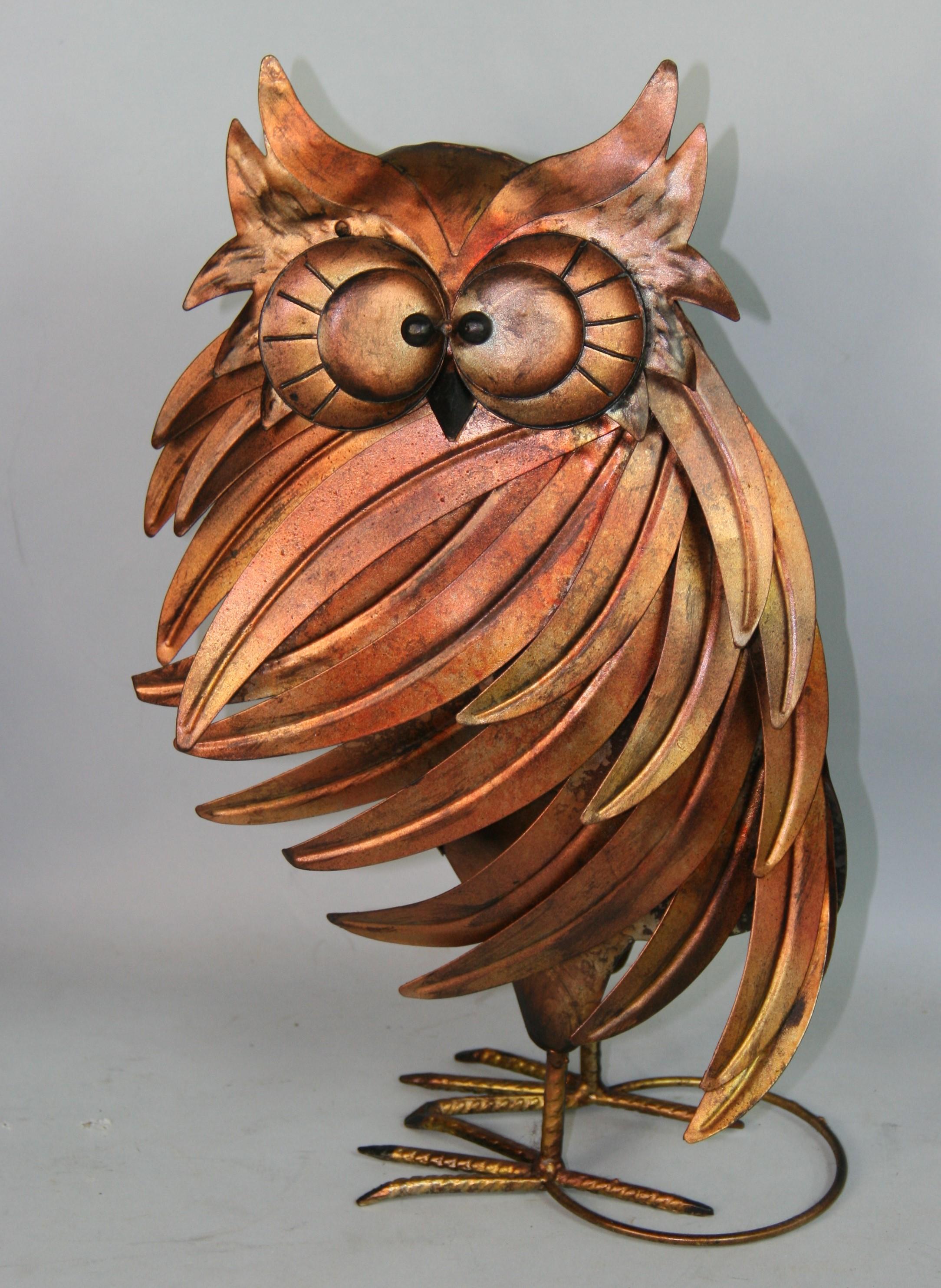 Late 20th Century Vintage Brutalist Large Pair Hand Made and Decorated Metal Owls For Sale
