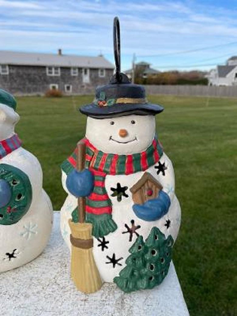 Old Vintage Pair Hand Painted Happy Snow Elves Couple  Lighting Lanterns In Good Condition For Sale In South Burlington, VT