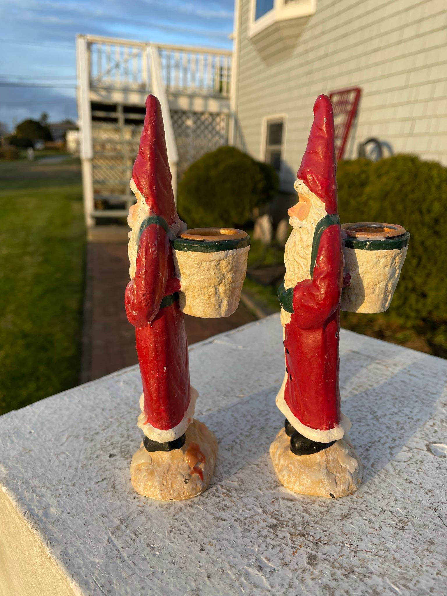 Vintage Pair Hand Painted Santa Belsnickel Sculpture Candle Sticks In Good Condition In South Burlington, VT
