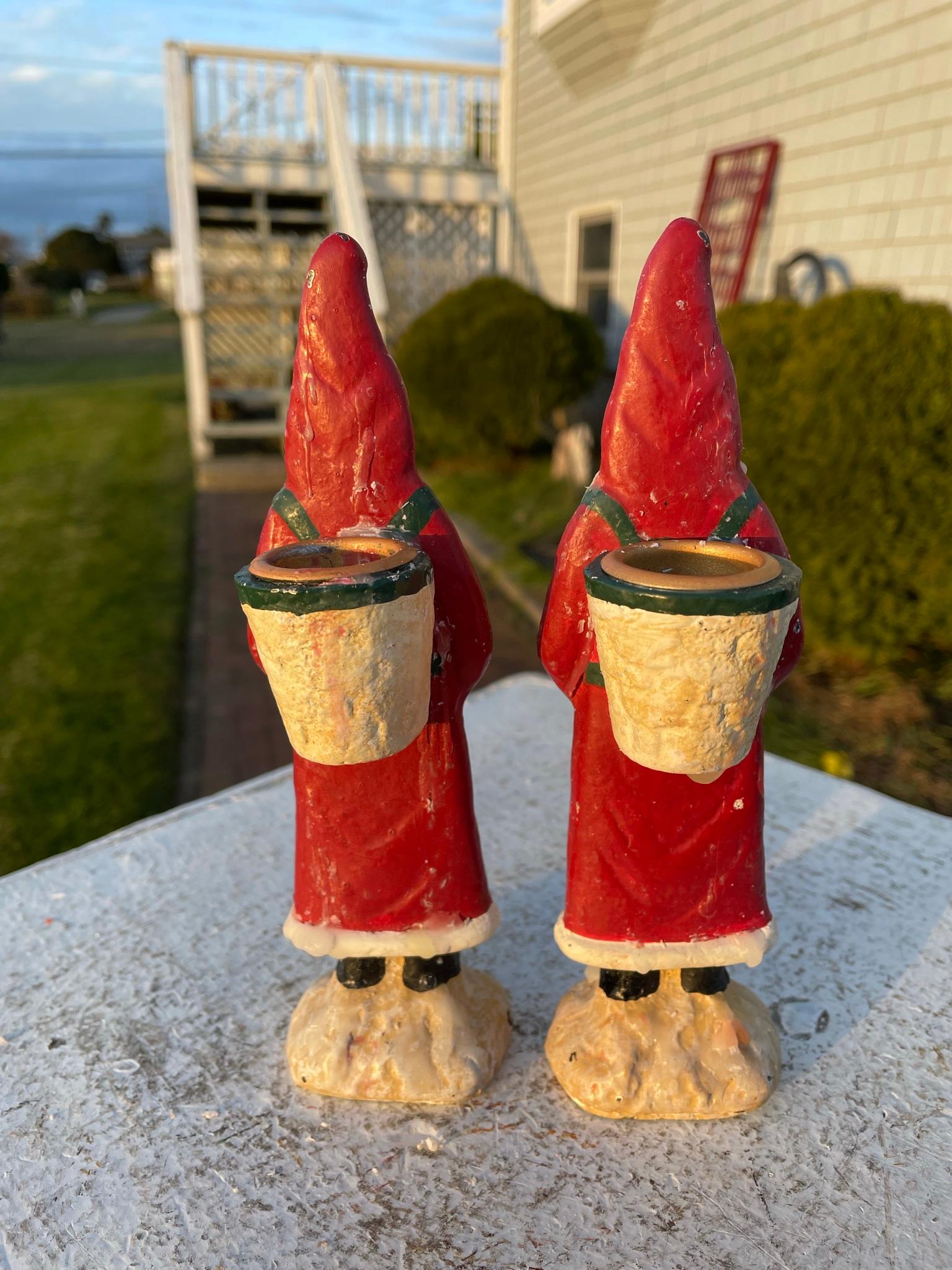 20th Century Vintage Pair Hand Painted Santa Belsnickel Sculpture Candle Sticks