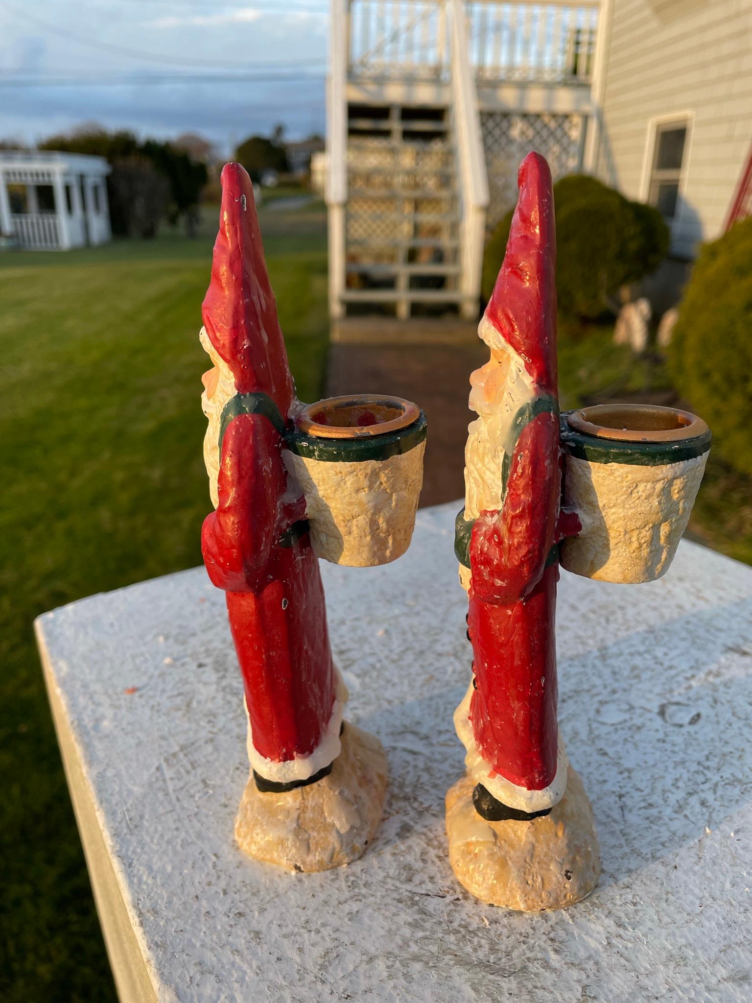 Vintage Pair Hand Painted Santa Belsnickel Sculpture Candle Sticks 1