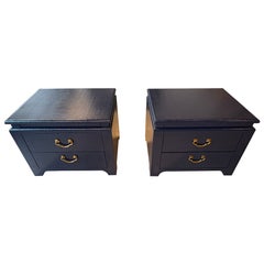 Vintage Pair Harrison Van Horn Grasscloth Navy Blue Pagoda Night Stands Chests