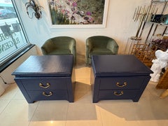 Vintage Pair Harrison Van Horn Grasscloth Navy Blue Pagoda Night Stands Chests